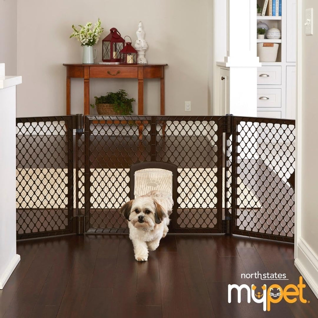MyPet Extra Wide Dog Gate with Small Pet Door. 38.5” to 103.5" Wide. Cat Gate for Doorway. Made in USA. 26" Tall, Brown