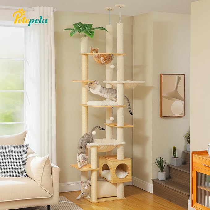 PETEPELA Floor to Ceiling Cat Tree, 93.3''-100.8'' Height Adjustable Wooden Cat - Image 2