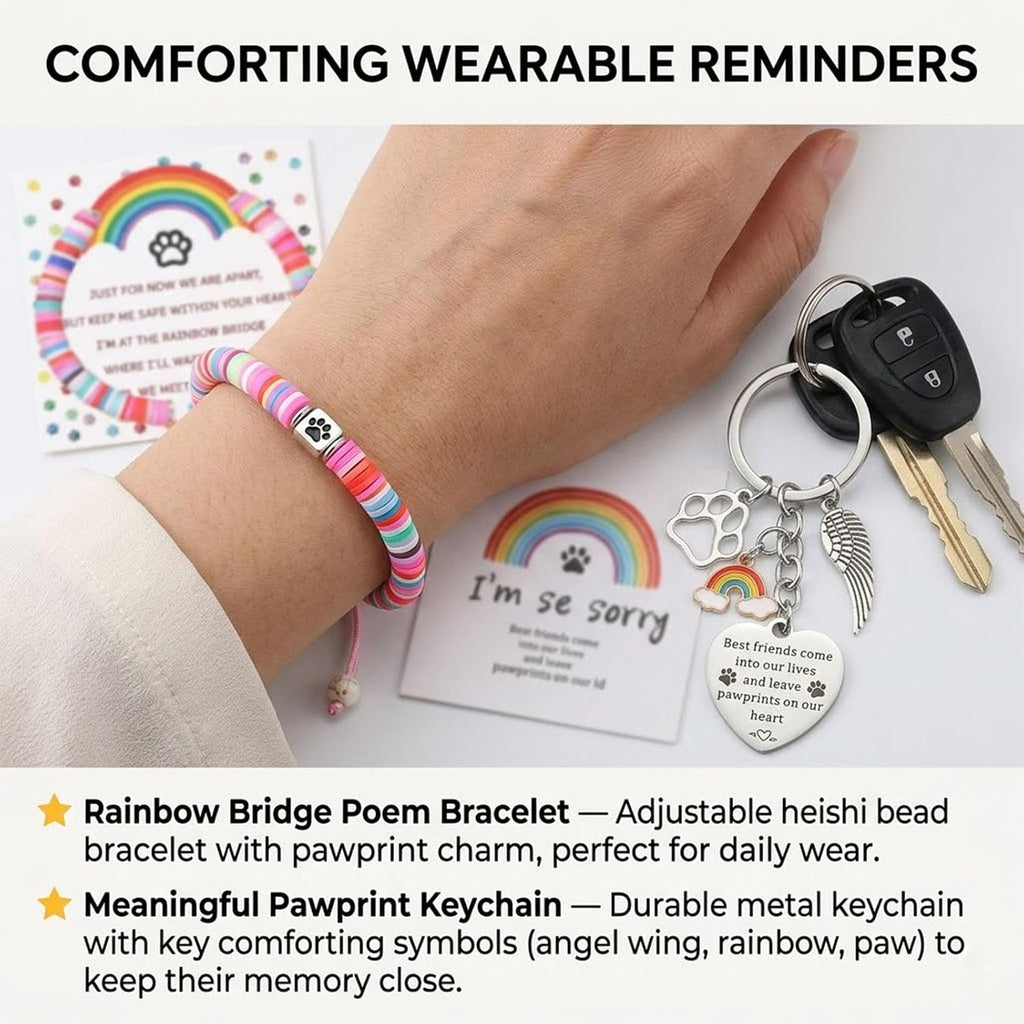 Rainbow Bridge Dog Memorial Gifts for Loss of Dog - Rainbow Bridge Pet Memorial Picture Frame Set with Fur Jar, Bracelet & Keychain - Sympathy Remembrance Keepsake for Pet Lovers