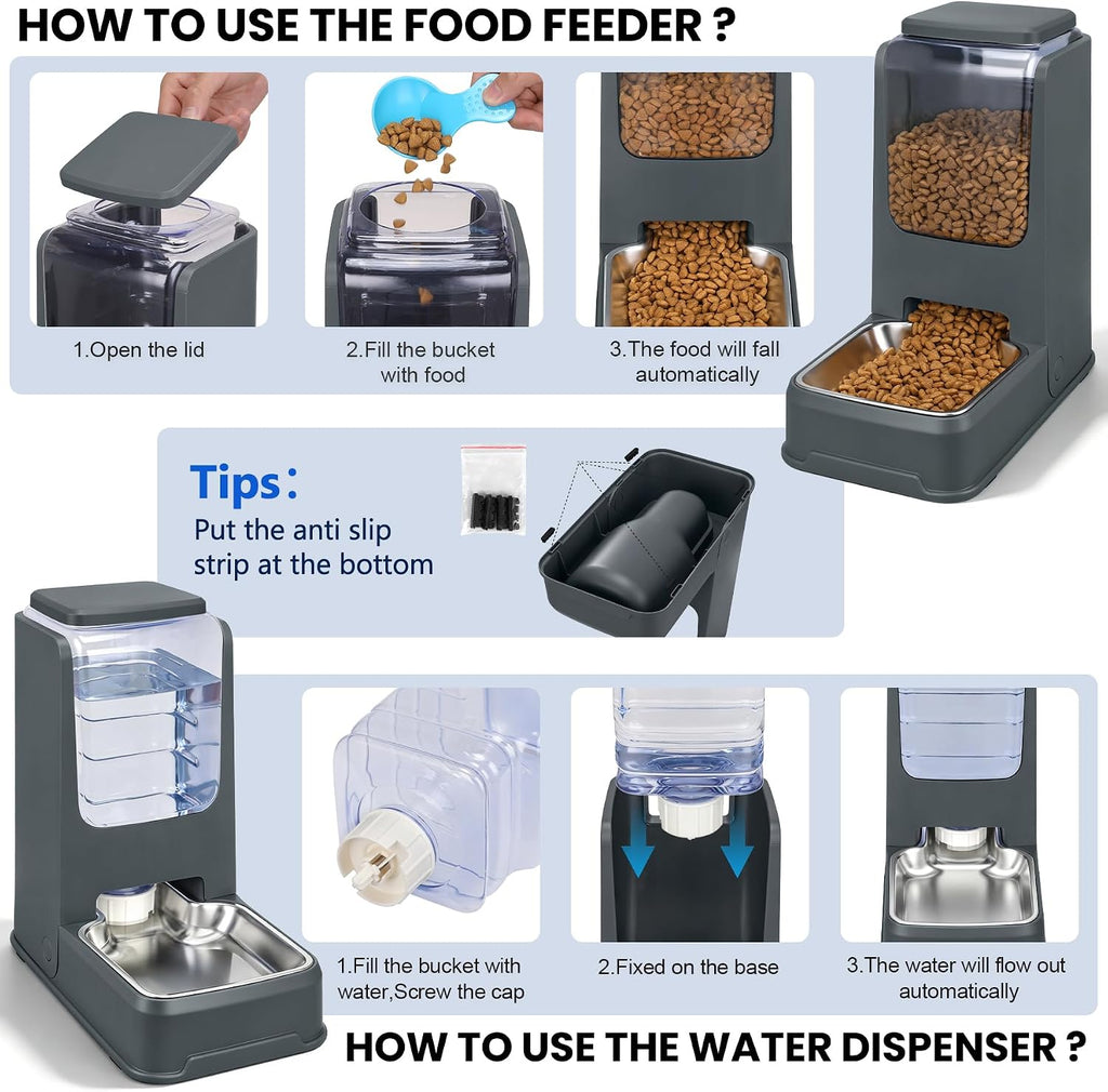 Automatic Cat Feeder and Water Dispenser Set with Dog Stainless Steel Feed Bowl Pet Gravity Self Feeding and Waterer Large Capacity for Small Medium Large Dogs Puppy Kitten 2 Pack Grey