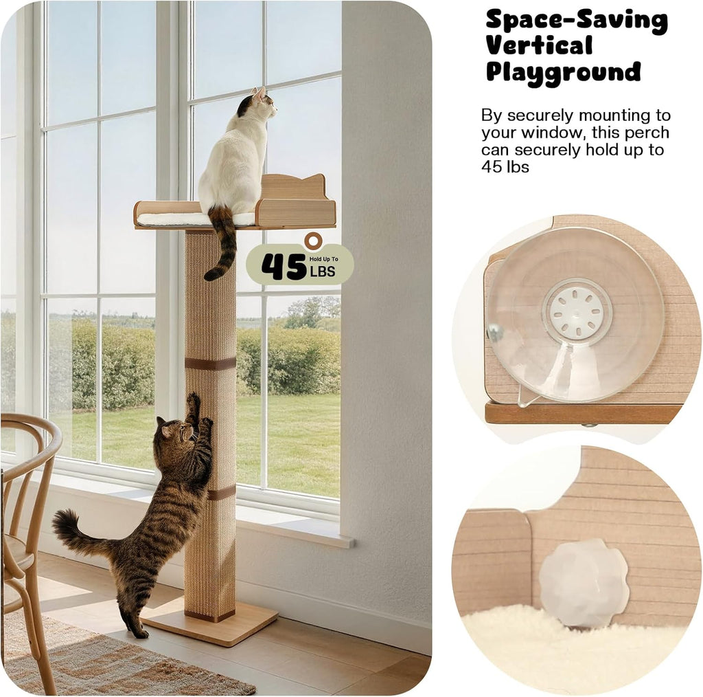 Cat Window Perch with Thick Sisal Scratching Post, Cat Hammock for Window, 53.5" Adjustable Tall Cats Scratching Post with 2 Upgrade Suction Cups, Cats Window Bed with Fluffy Cushion, Jute