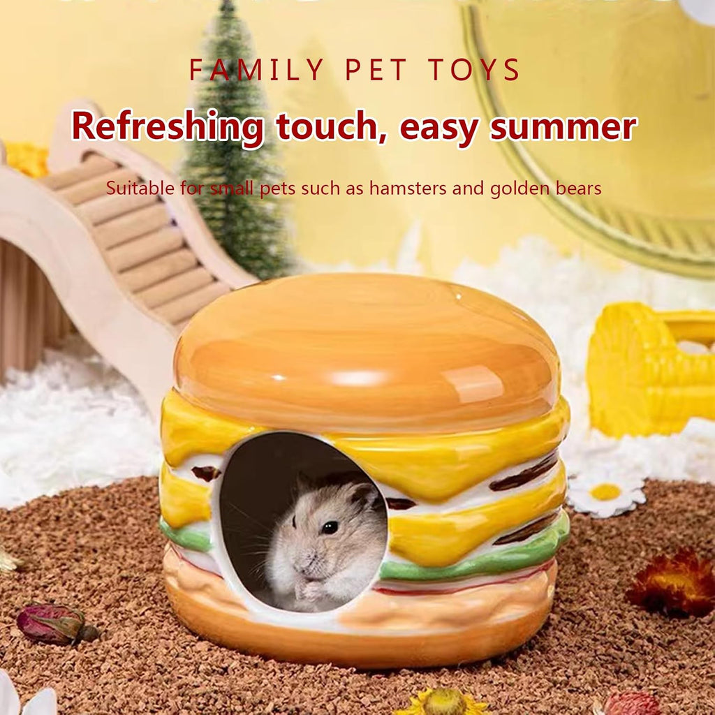 Hamster Hideout Ceramic,Hamburg Shape Funny Small Animal Pet Bed for Hamster,Mini Hut Cave Cage Accessories for Dwarf Hamsters,Gerbils,Small Guinea Pig and Hedgehog