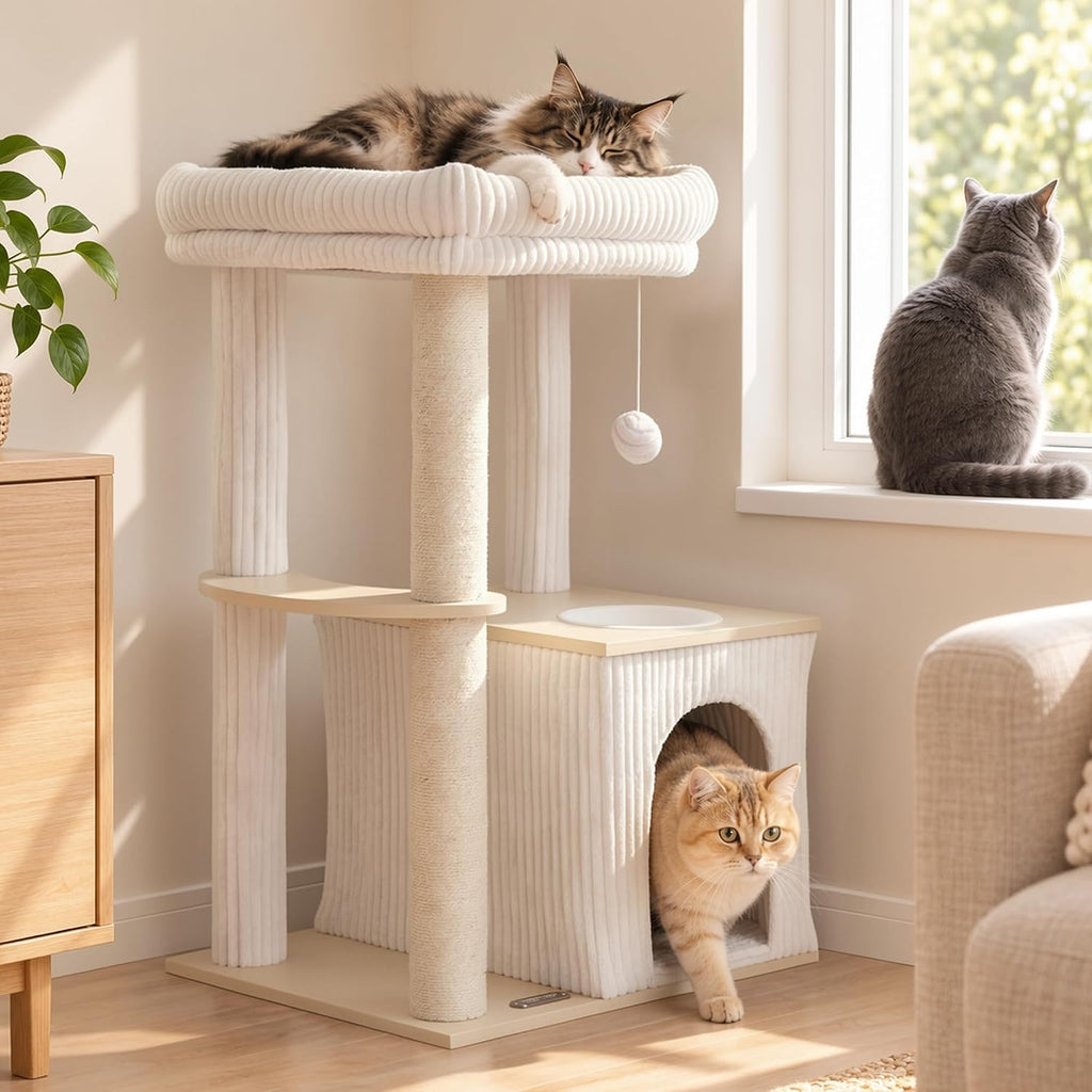 Wood Cat Tree for Large Cats, Modern Cat Tower with Condo, Removable Washable Perch Bed for Indoor and Senior Cats, Beige