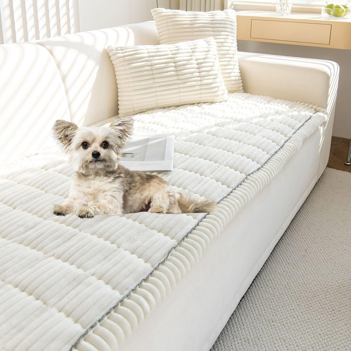 Plush Couch Cover for Dogs 3D Stripe Fuzzy Sofa Covers Washable