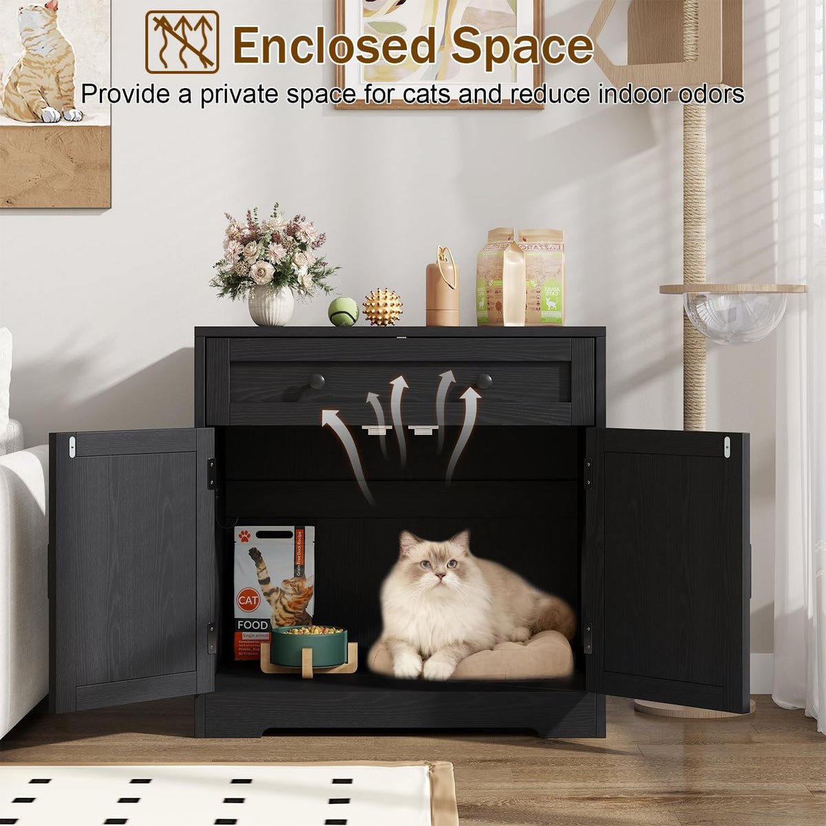 knoworld Cat Litter Box Enclosure with Storage Drawers,Black