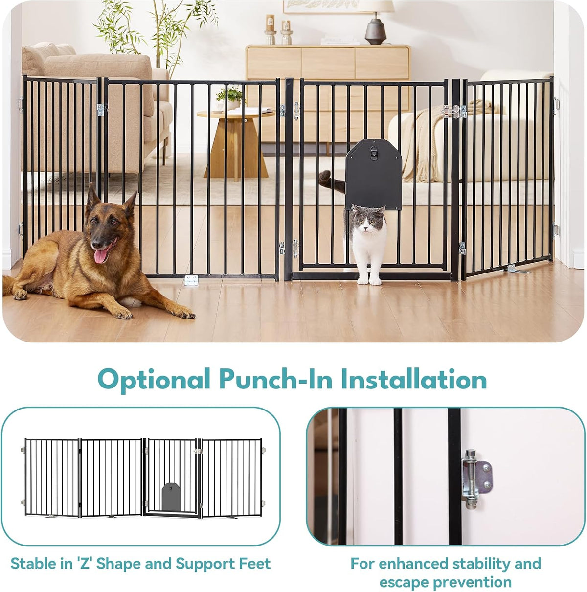 No Pawblems Freestanding Dog Gate with Cat Door for Indoor & Outdoor,Black