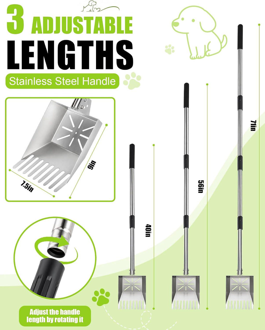 71" Stainless Steel Pooper Scooper, 3-Adjustable Angle Dog Shovel & Rake