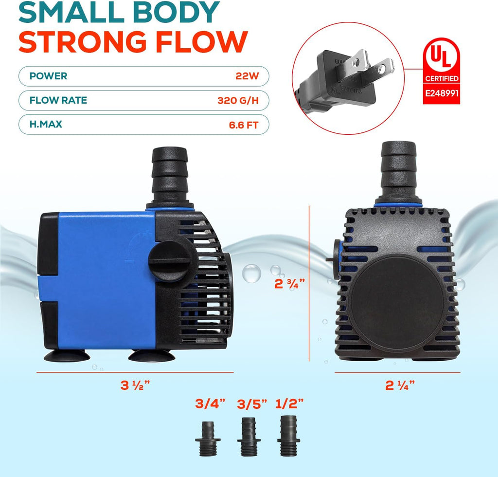 Aqua Dream 317 GPH Submersible Pump - 22W Adjustable Ultra Quiet Water Pump for Aquariums and Fountains, 6.6ft Max Lift, Indoor/Outdoor Hydroponic Fish Tank Pump - 1 Pc