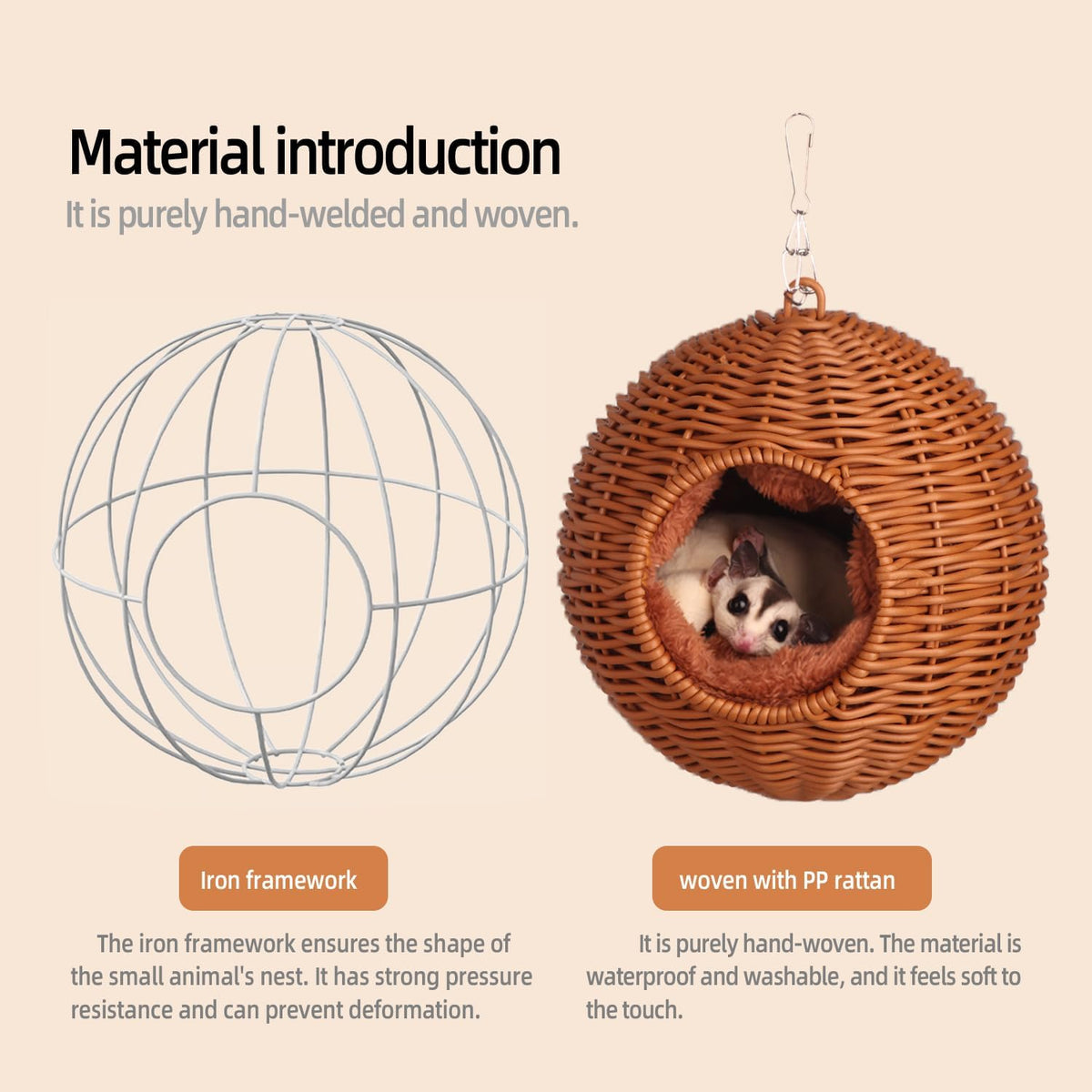 Small Animal Hammock, PP Rattan Hiding Place with Removable Cotton nest, Suitable for Hamsters, Guinea Pigs, Rats, Sugar Gliders, Squirrels, Parrots (Brown)