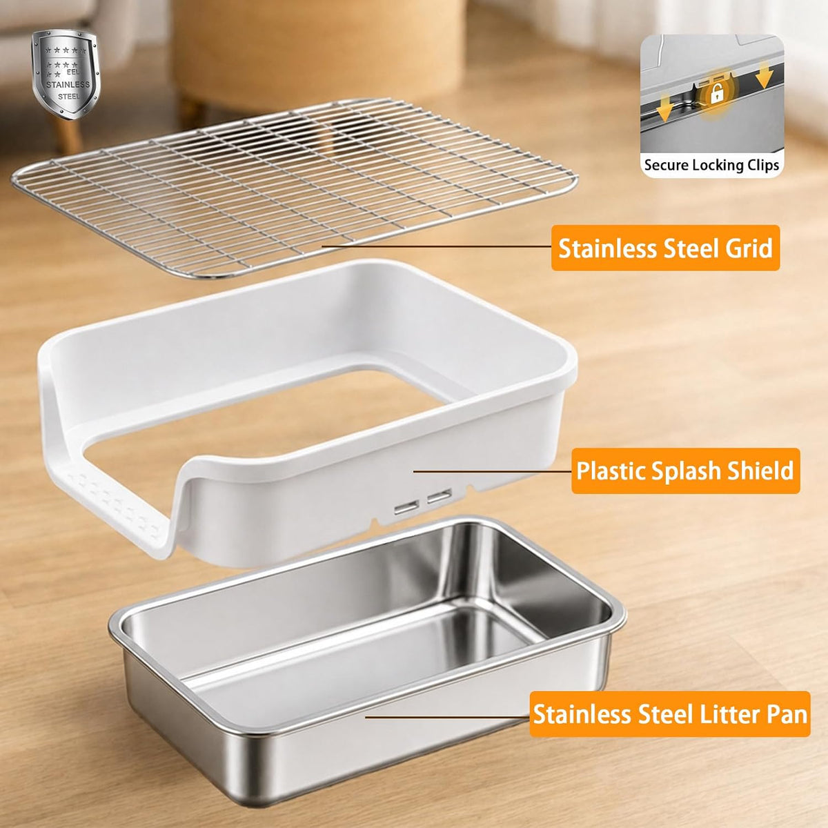Stainless Steel Rabbit Litter Box with Sifting Grid, 16.9×13.4×6.7 inch