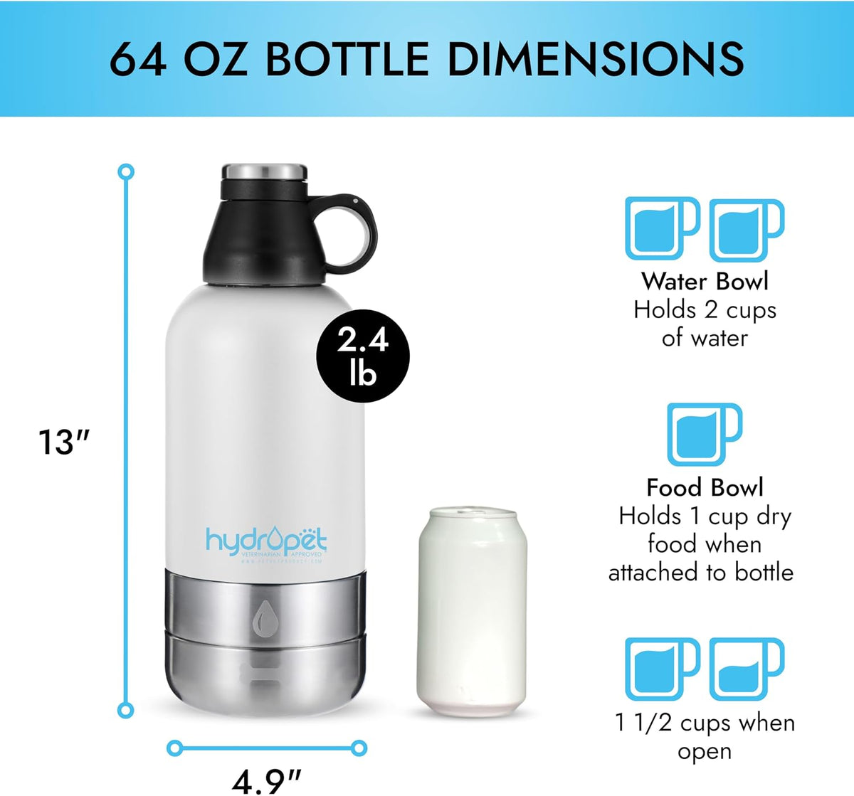 HydroPet Vet-Approved 32 Oz Dog Water Bottle – Stainless Steel Portable Dog Water Bottle, Insulated Canine Travel Dispenser with Detachable Food & Water Bowls, Carry Bag & Adjustable Shoulder Strap