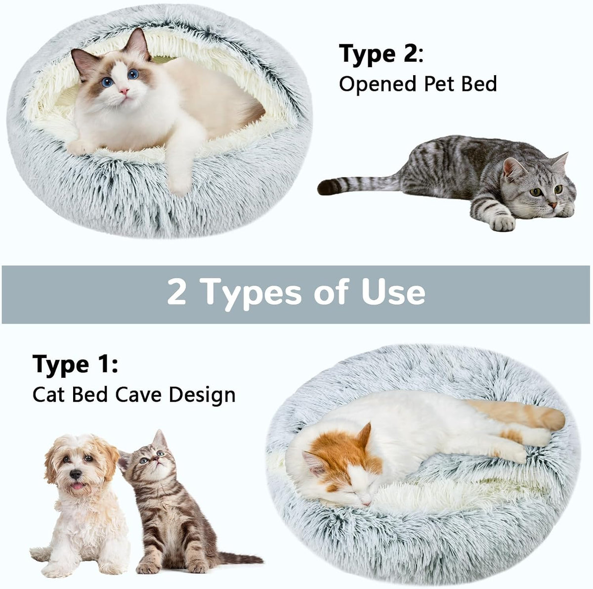 Round Cat Bed Washable, Calming Fluffy Cat Cave, 20 Inch, Grey
