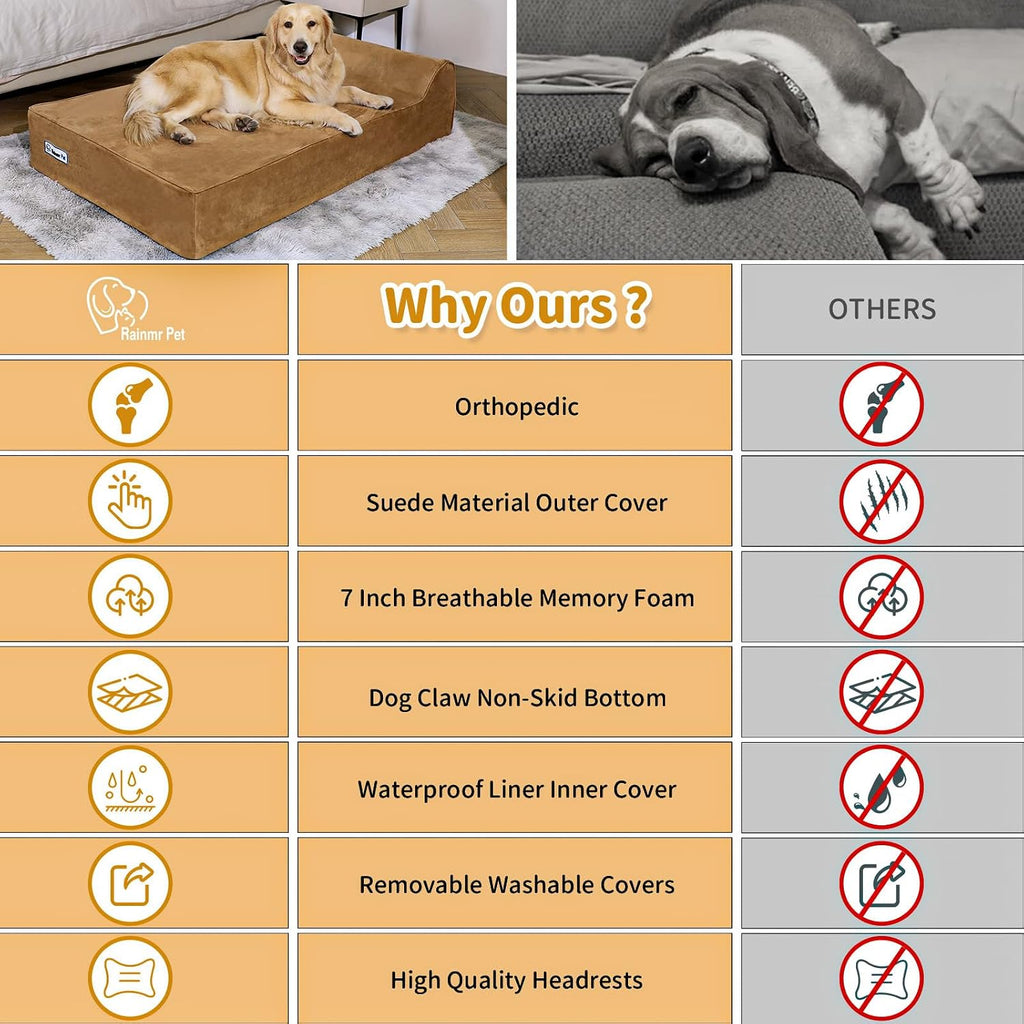 Rainmr Orthopedic Dog Beds for Large Dogs, 7" Memory Foam Dog Beds with Waterproof Liner, Durable Microsuede Cover, Removable and Washable, Nonskid Bottom, 48"x30"x7" L Khaki