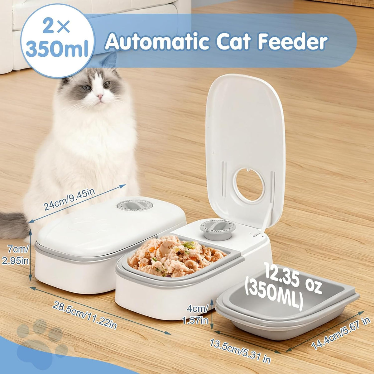 Automatic Cat Feeder 2 Meal, Large Capacity Dog and Cat Feeder, Detachable Pet Food Dispenser, 48H Timed Wet Dry Automatic Pet Feeder for Cat and Dog