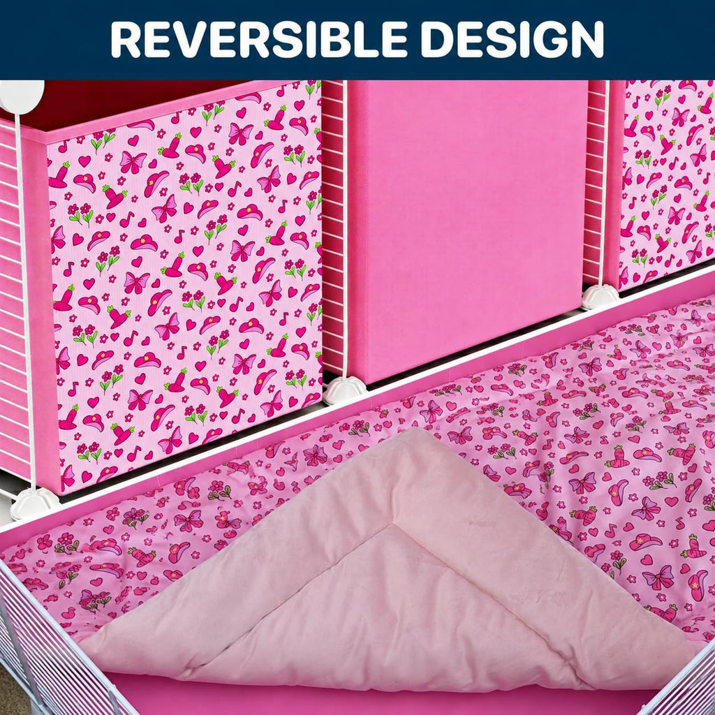 32 Panels 2x4 Pink C&C Cage for Guinea Pigs with Stand 56x28 in Space-Saving 5mm Waterproof coroplast Washable Fleece Liner and 4 Storage Boxes Small Animal Playpen Bunny Cage Hedgehog
