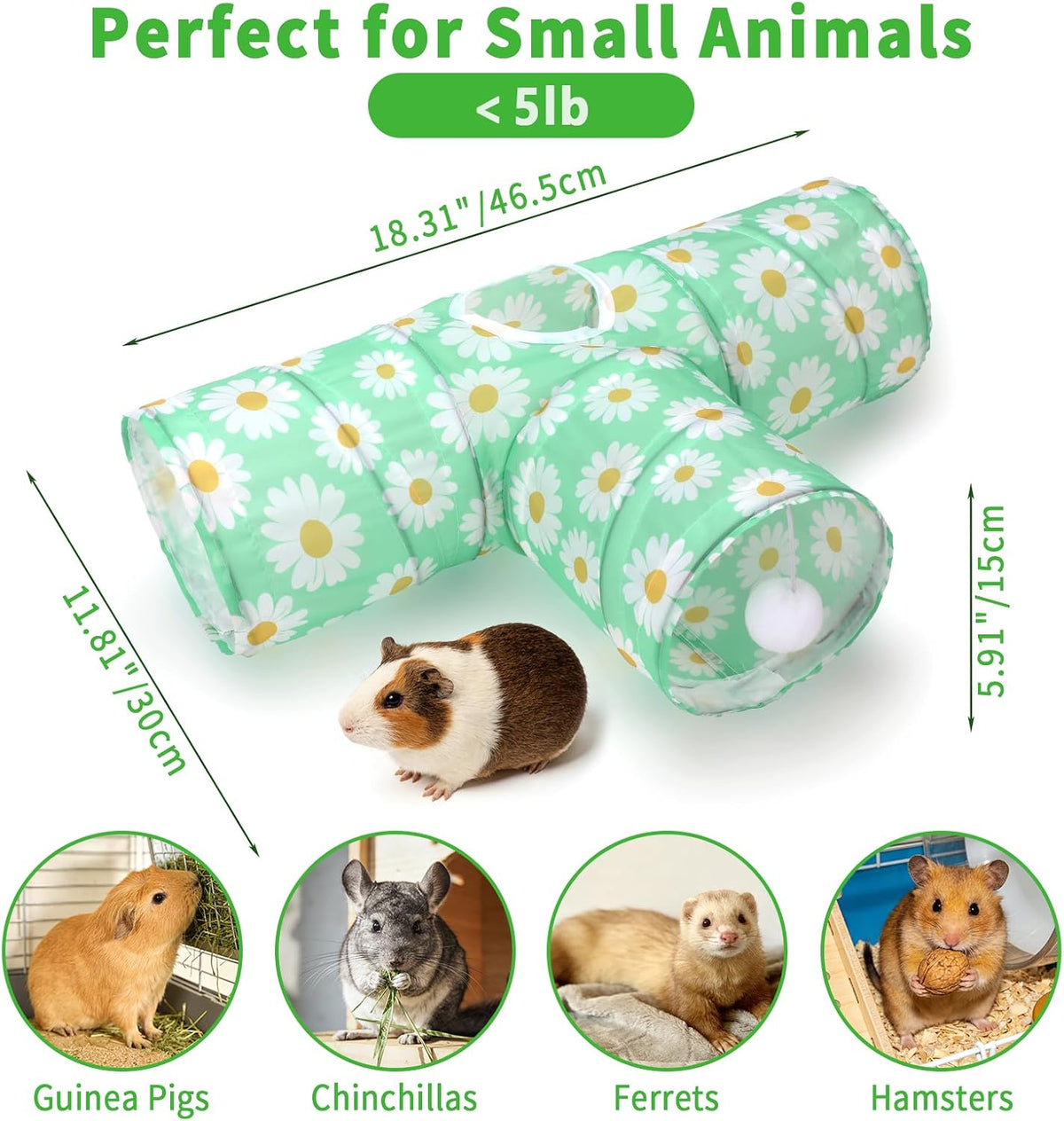 Rypet Guinea Pig Tunnel Hideout 3-Way Collapsible Small Pet Tubes, Daisy