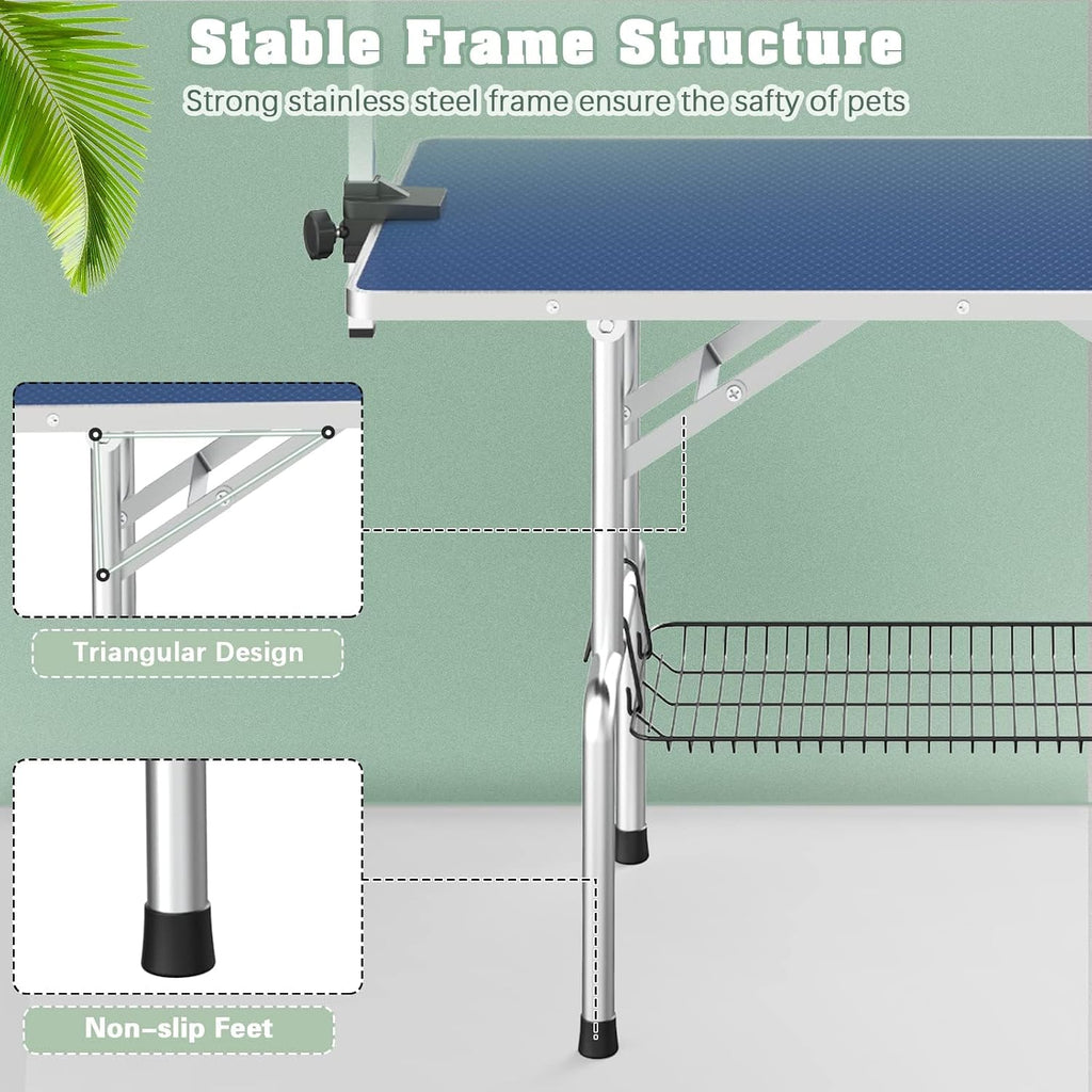 Lyromix 36'' Stainless Steel Pet Dog Grooming Table, Arm/Noose/Tray, Blue