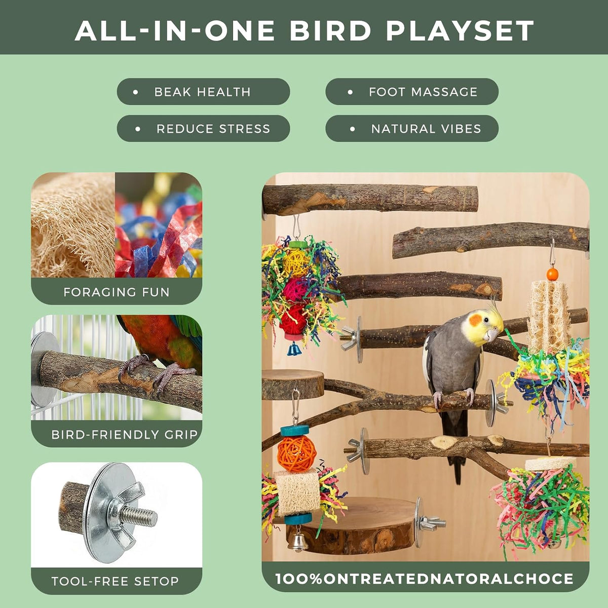 12 Pcs Natural Bird Perches and Shreddable Parakeet Toys, Essential Parrot Cage Accessories with 8 Wood Standsand 4 Shreddable Parakeet Toys, Foraging Shredder and Bird Accessories for Cages