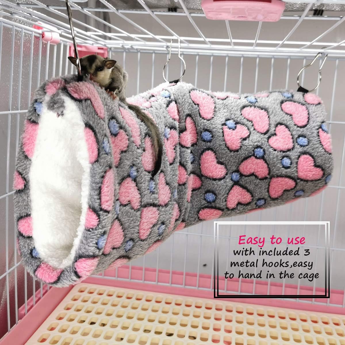 LEFTSTARER Hanging Tunnel for Small Animals Guinea Pig Accessories Sugar Glider Cage Accessories Hamster Rat Toys Ferret Hammock（Heart-Grey）