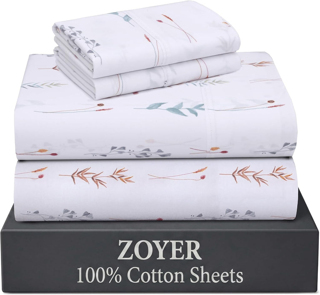 ZOYER 100% Cotton Queen Sheets, Percale Weave, Fairy Meadows