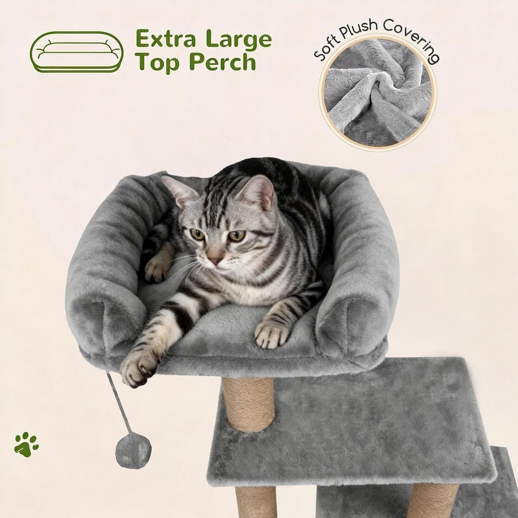 Small Cat Tree for Indoor Cats, Activity Cat Tower with Scratching Post for Kittens, Modern Cat Furniture with Basket & Hanging Ball for Play Rest, Grey