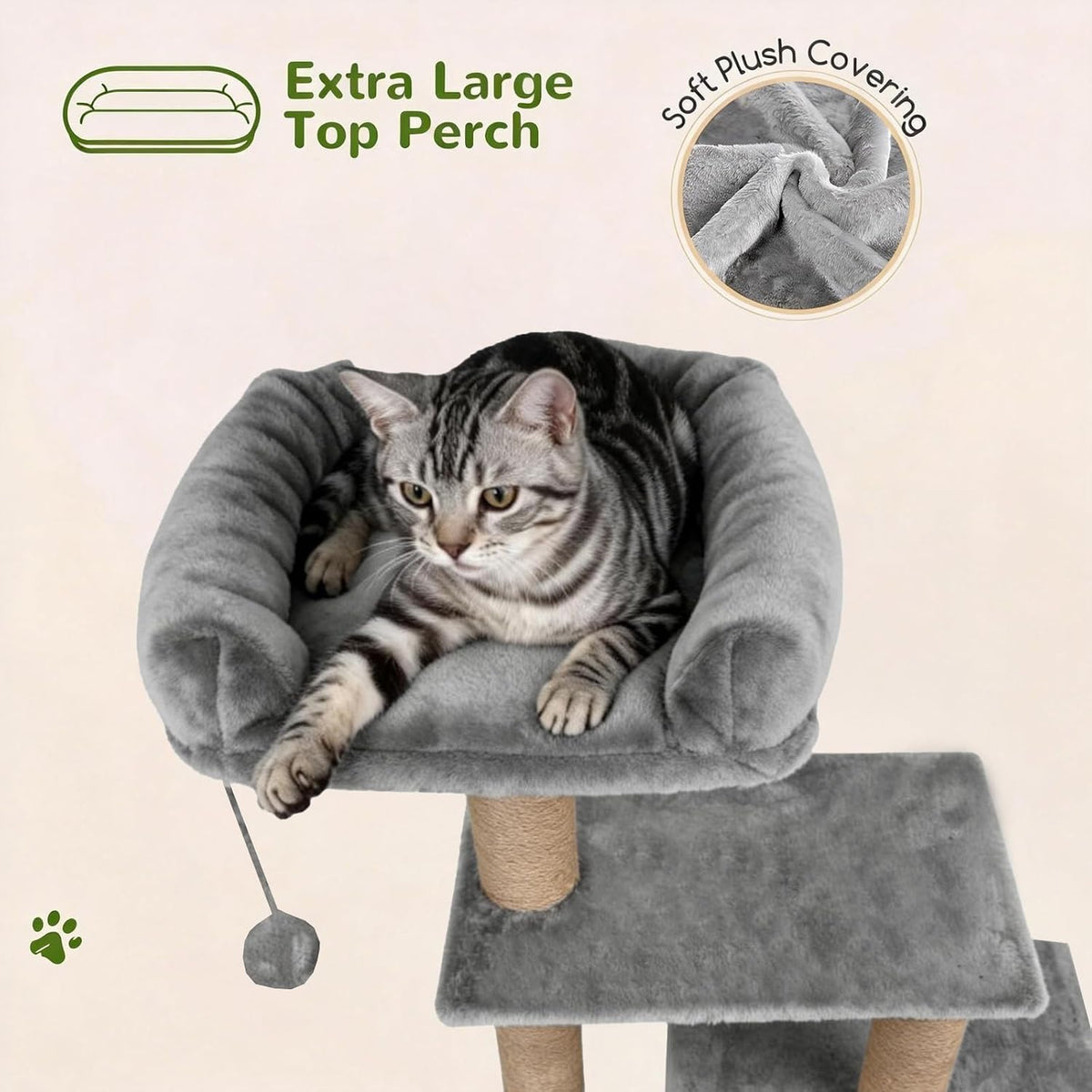 Small Cat Tree for Indoor Cats, Activity Cat Tower with Scratching Post for Kittens, Modern Cat Furniture with Basket & Hanging Ball for Play Rest, Grey