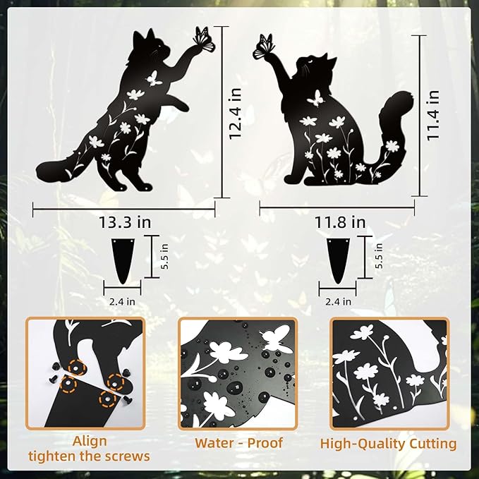 Bnesi Floral Long-Haired Cat Yard Decor Pet Grave Markers Metal Sign Silhouette - Image 3