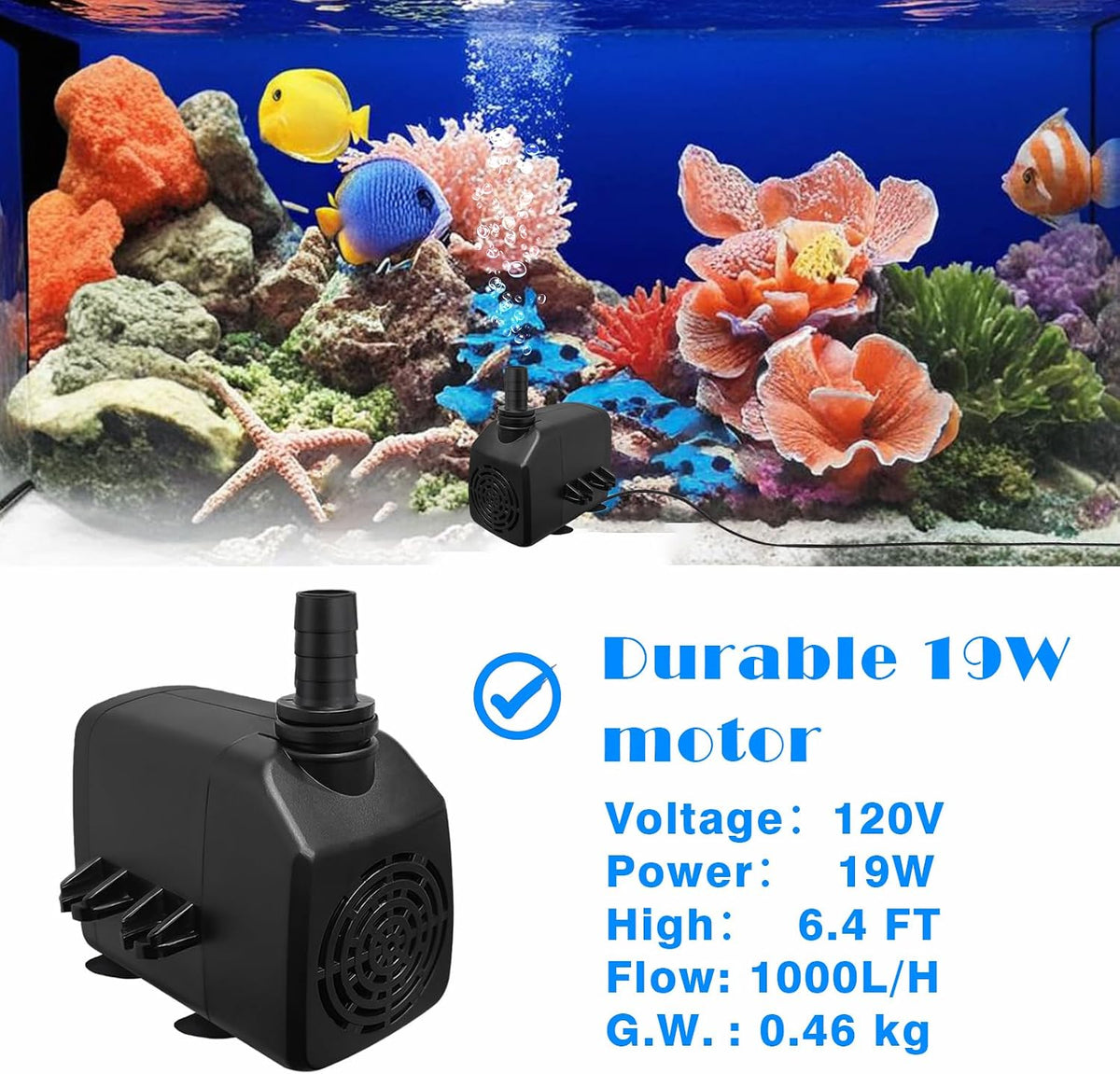 Submersible Water Pump, 400GPH 19W 1000L/H Flow with 6.5ft High Lift for Aquariums, Fish Tanks, Ponds, Hydroponics, and Statuary - Black