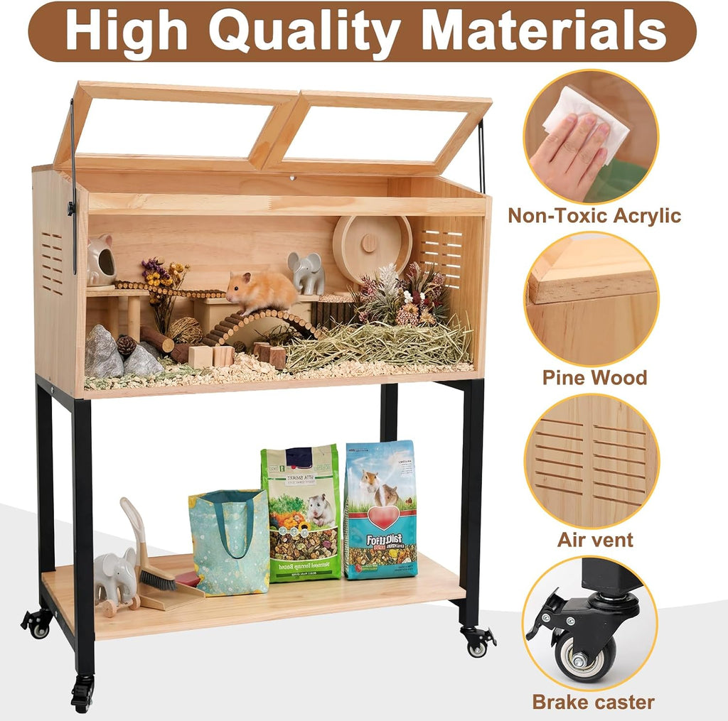 Wooden Hamster Cage with Storage Shelf, Large Hamster Cage, Pine, Guinea Pig Cages, 40.0" L x 20.0" W x 42.0" H Small Animal Cages with Stand & Wheels for Guinea Pig, Chinchilla, Rat, Bunny, etc.