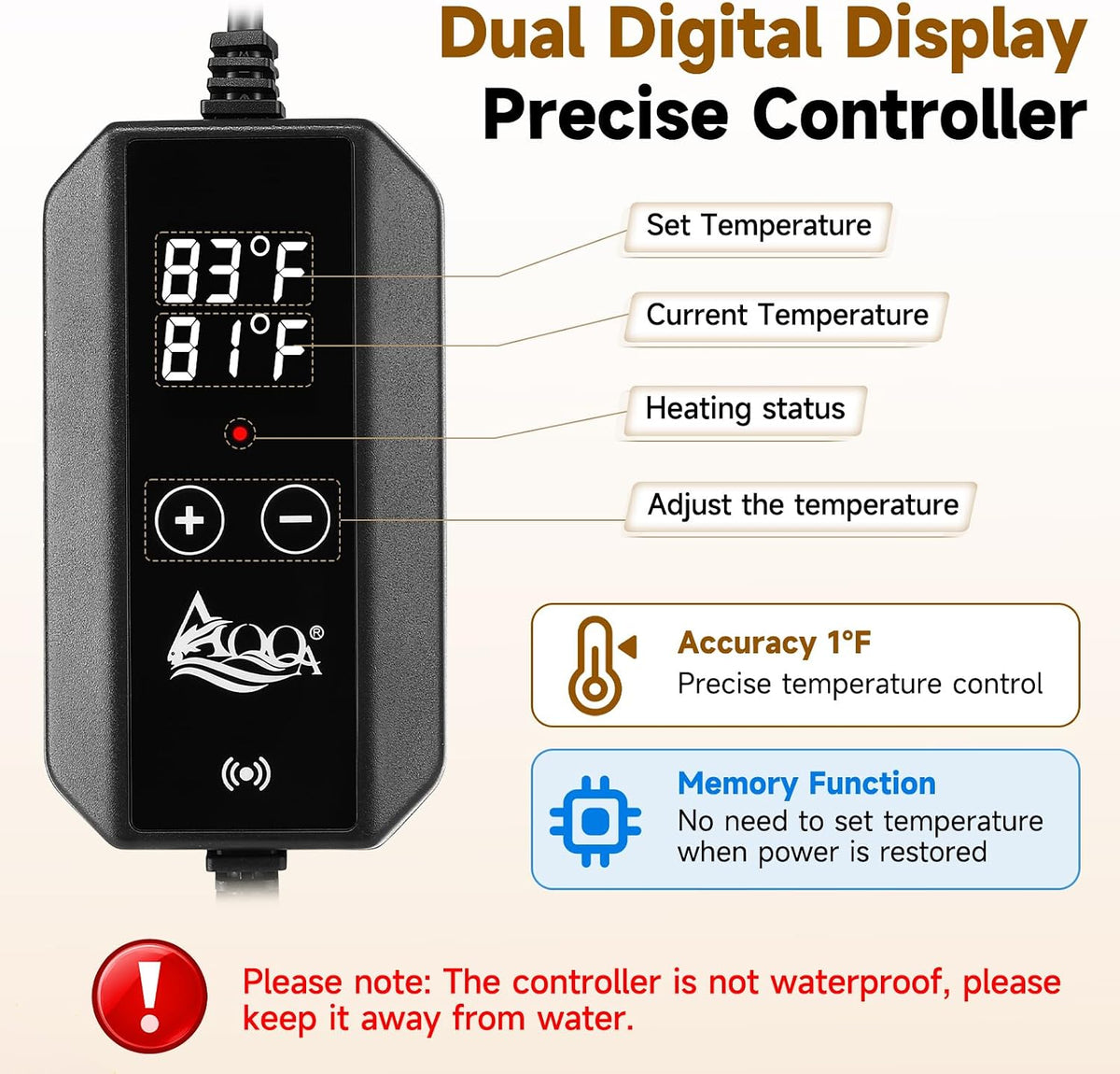 AQQA Ceramic Aquarium Heater 200W, with Dual Digital Display Controller