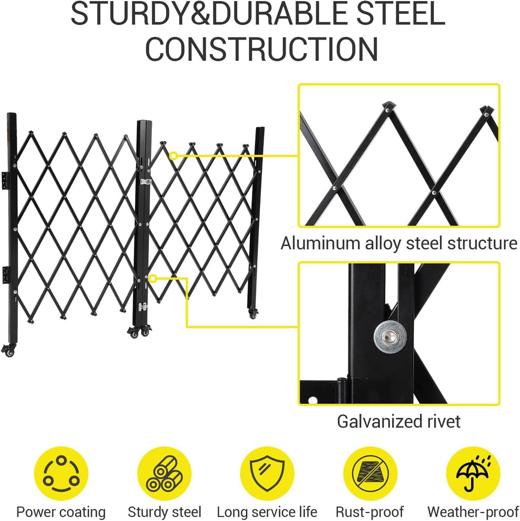 Takywep Heavy-Duty Double Folding Security Gate - Expandable Lockable Steel Scissor Door - 360° Swivel Casters - Portable Rolling Barrier for Outdoor, Garden, Pool, Courtyard, Garage - Black - 51.57"H