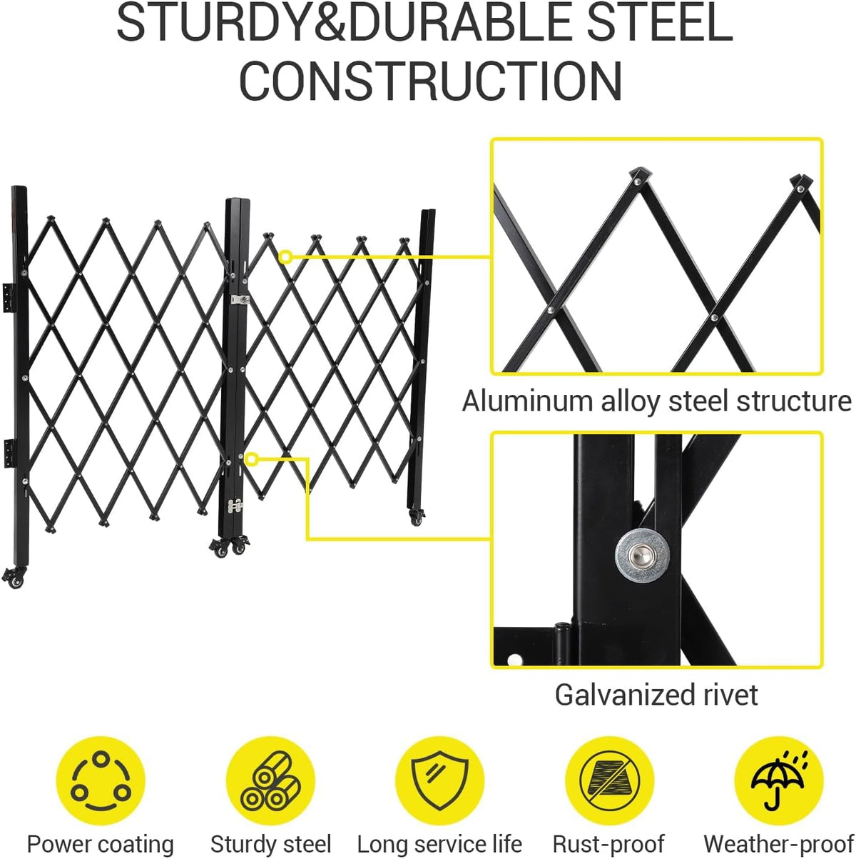 Takywep Heavy-Duty Double Folding Security Gate - Expandable Lockable Steel Scissor Door - 360° Swivel Casters - Portable Rolling Barrier for Outdoor, Garden, Pool, Courtyard, Garage - Black - 51.57"H