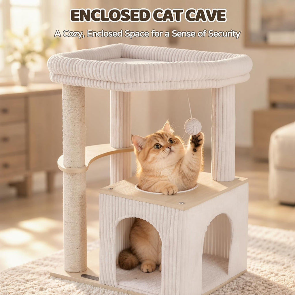 Wood Cat Tree for Large Cats, Modern Cat Tower with Condo, Removable Washable Perch Bed for Indoor and Senior Cats, Beige