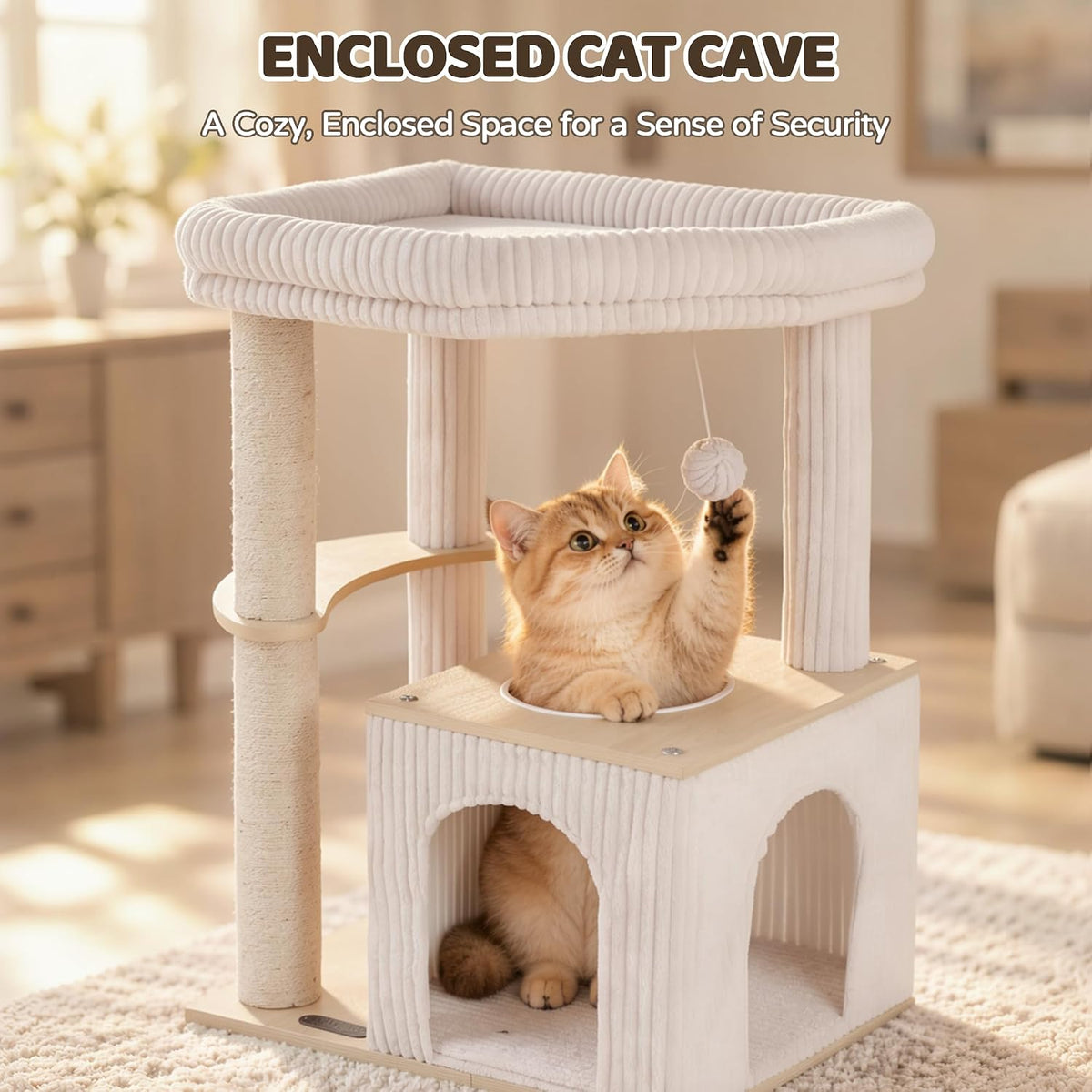 Wood Cat Tree for Large Cats, Modern Cat Tower with Condo, Removable Washable Perch Bed for Indoor and Senior Cats, Beige