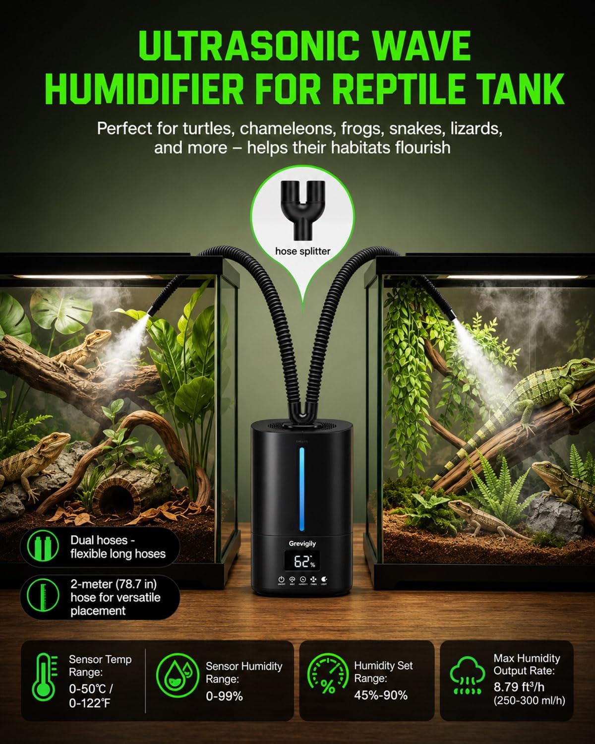 Reptile Fogger Humidifier with Smart Humidity Control & Dual Hose, 5L