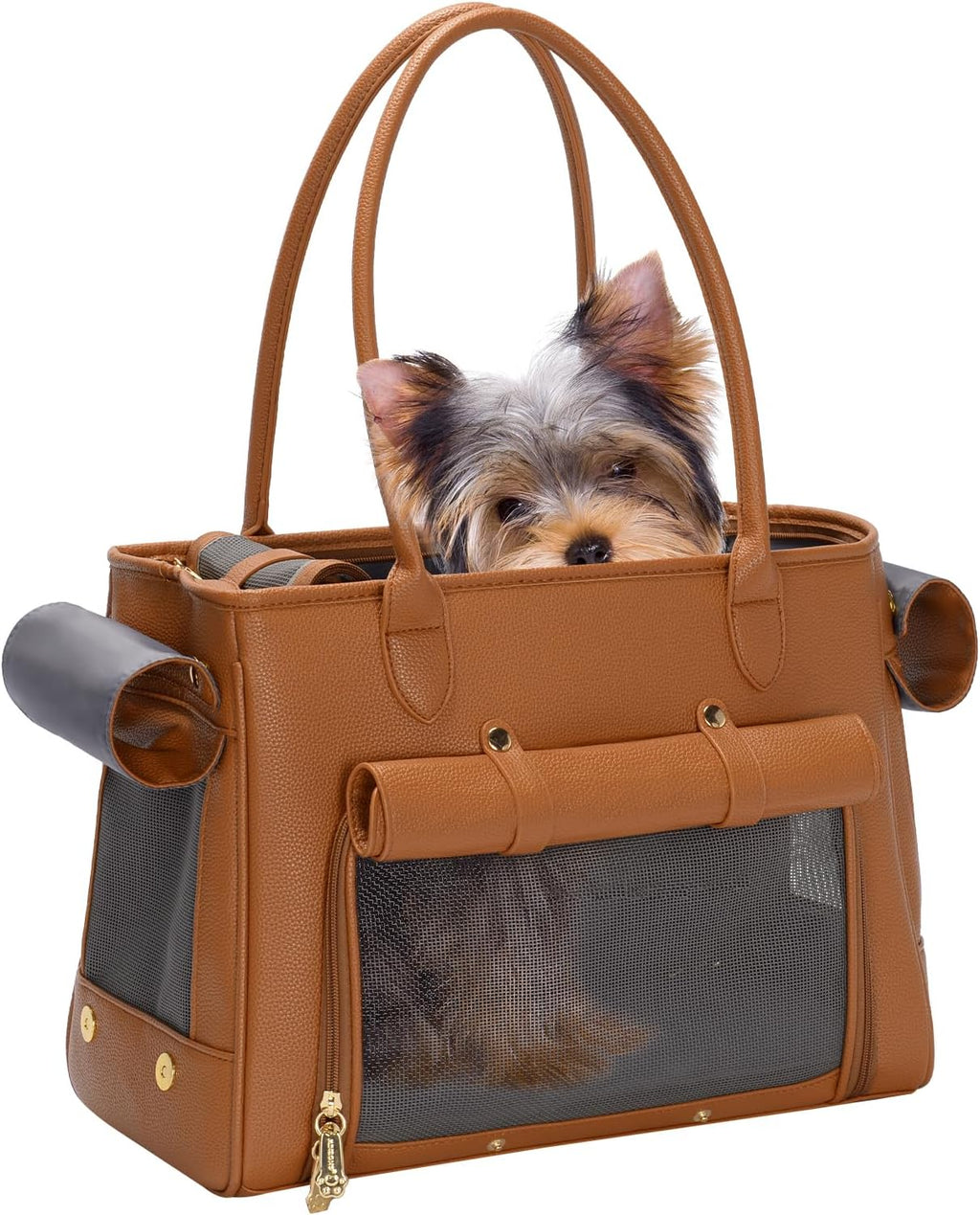Fashion Pet Carrier Purse for Small Cat and Dog, Luxury Pu Soft-Sided Tote Bag with Large Pockets for Dogs and Puppies (Black, 15.8" L x 7.5" W x 11.8" H)