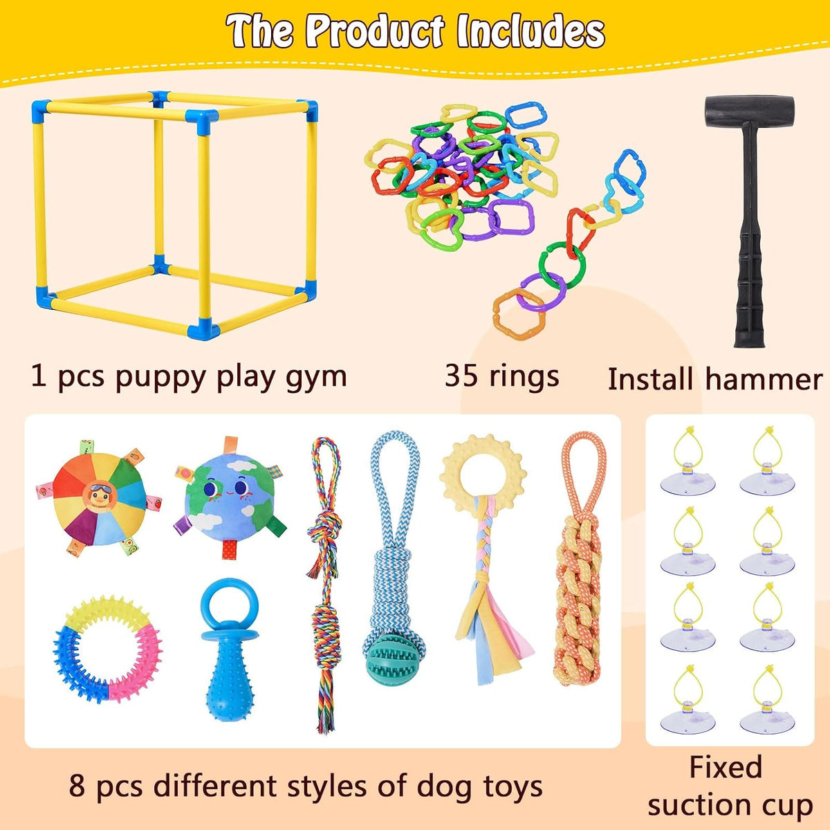 Puppy Play Gym with 8 Hanging Toys, Small Dogs Indoor Jungle Playground, PVC Frame with Suction Cups Interactive Enrichment Activity Center