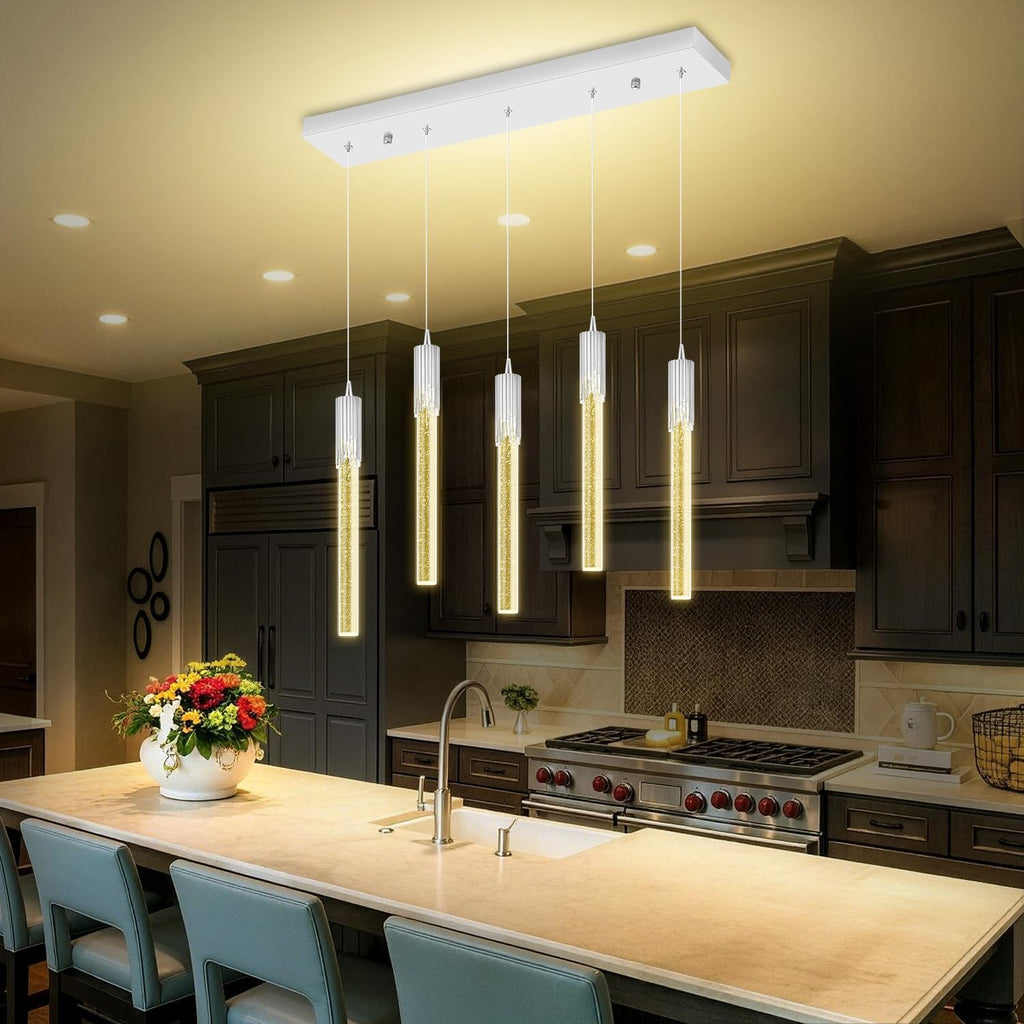 Flashing God 5-Lights Rectangular Crystal Pendant Lights for Kitchen Island Modern Crystal Column Chandeliers for Dining Room Chrome Linear Crystal Chandelier