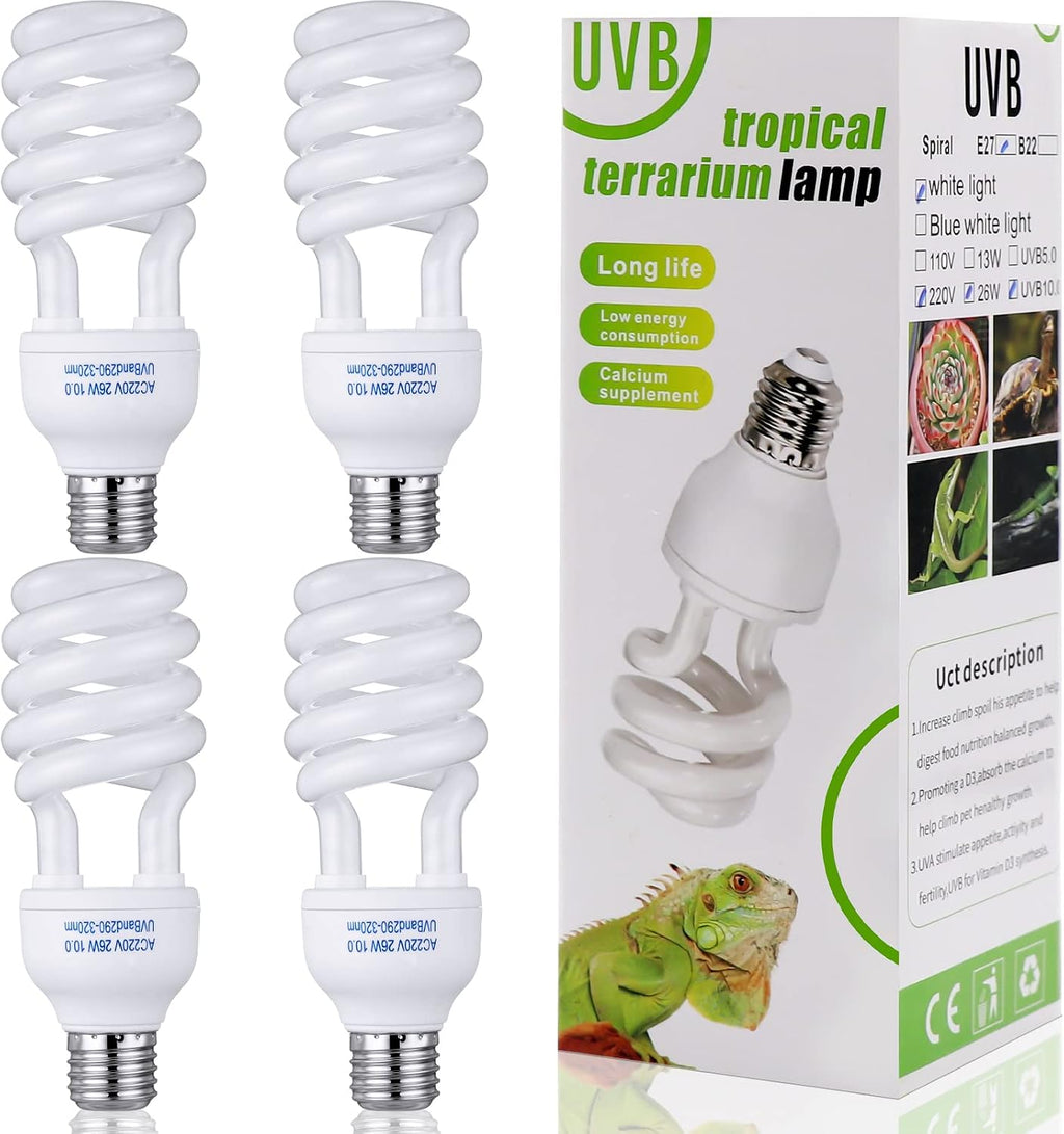Reginary 4 Pcs Reptile Uvb Bulb 10.0 26w, Uvb Light for Bearded Dragon