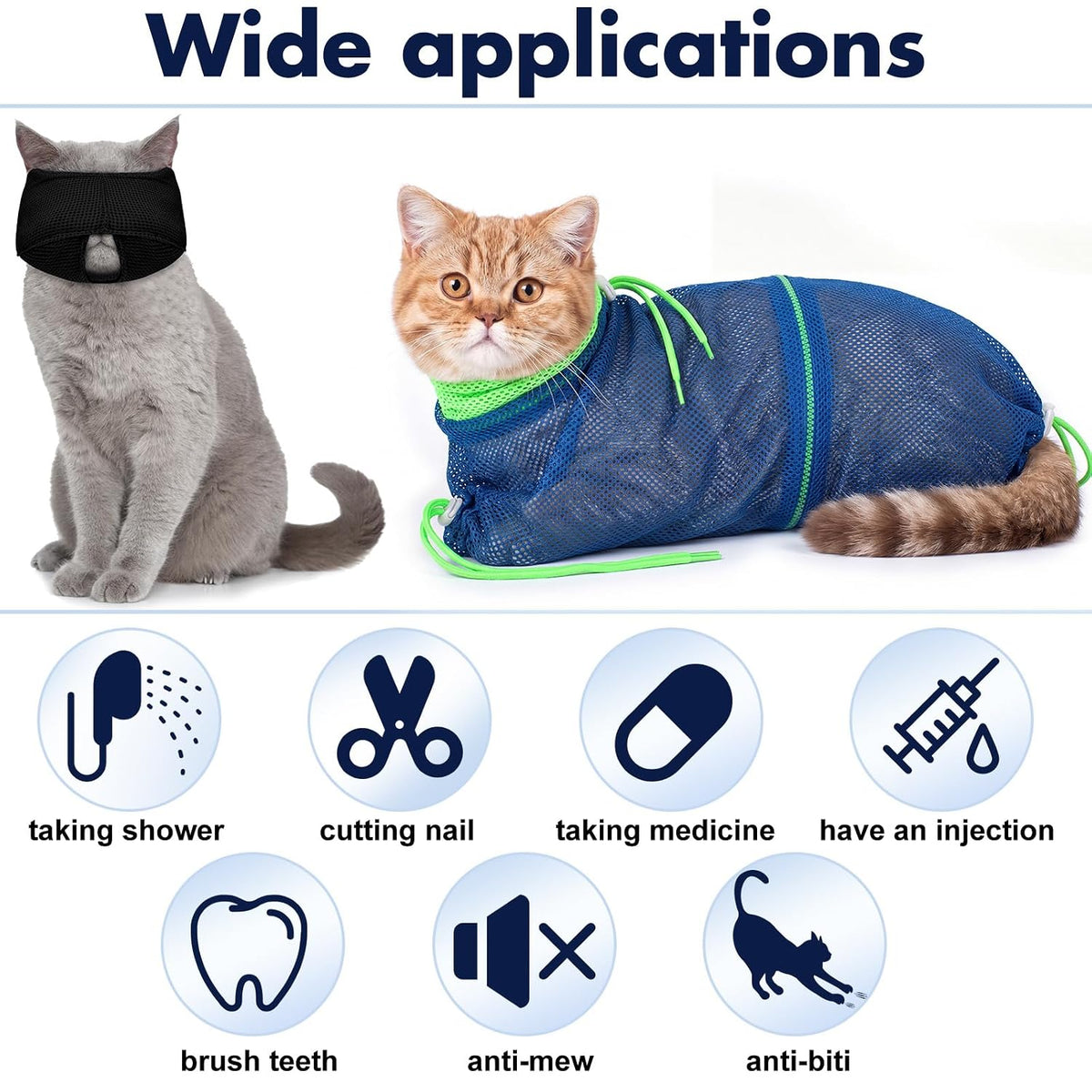 10 Pcs Cat Bathing Bag, Cat Shower Grooming Kit, Black and Blue