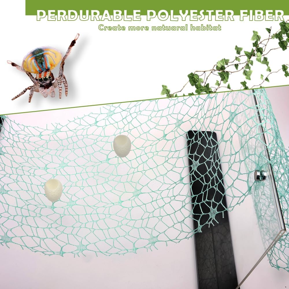2 Pack Large Size Jumping Spider Netting Enclosure Climbing Toy Habitat Accessories Green Webs with Magnets and Silk Cocoons Nest (9.8 x 177 inches)