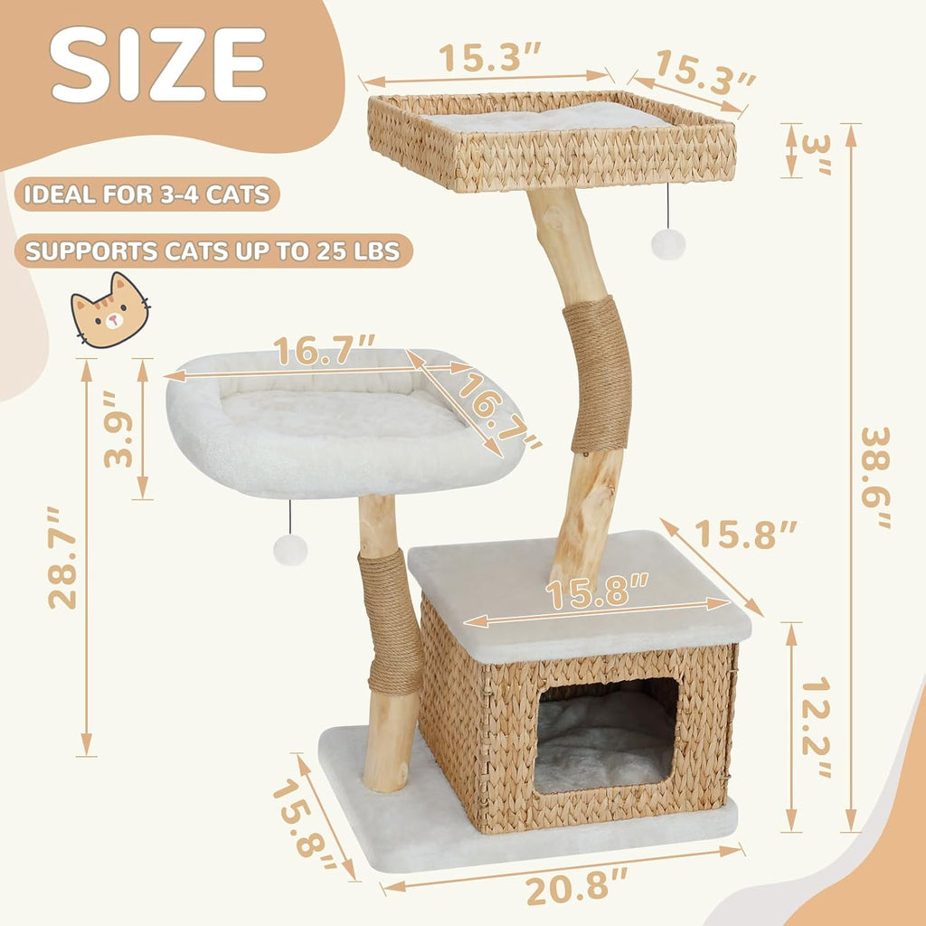 39” Modern Cat Tree Tower for Indoor Cats - Multi-Level Solid Wood Cat Condo w/Caves, 2 Large Perches, Scratching Posts, Hanging Toy for Large Cats Adult - Luxury Boho Pet Furniture