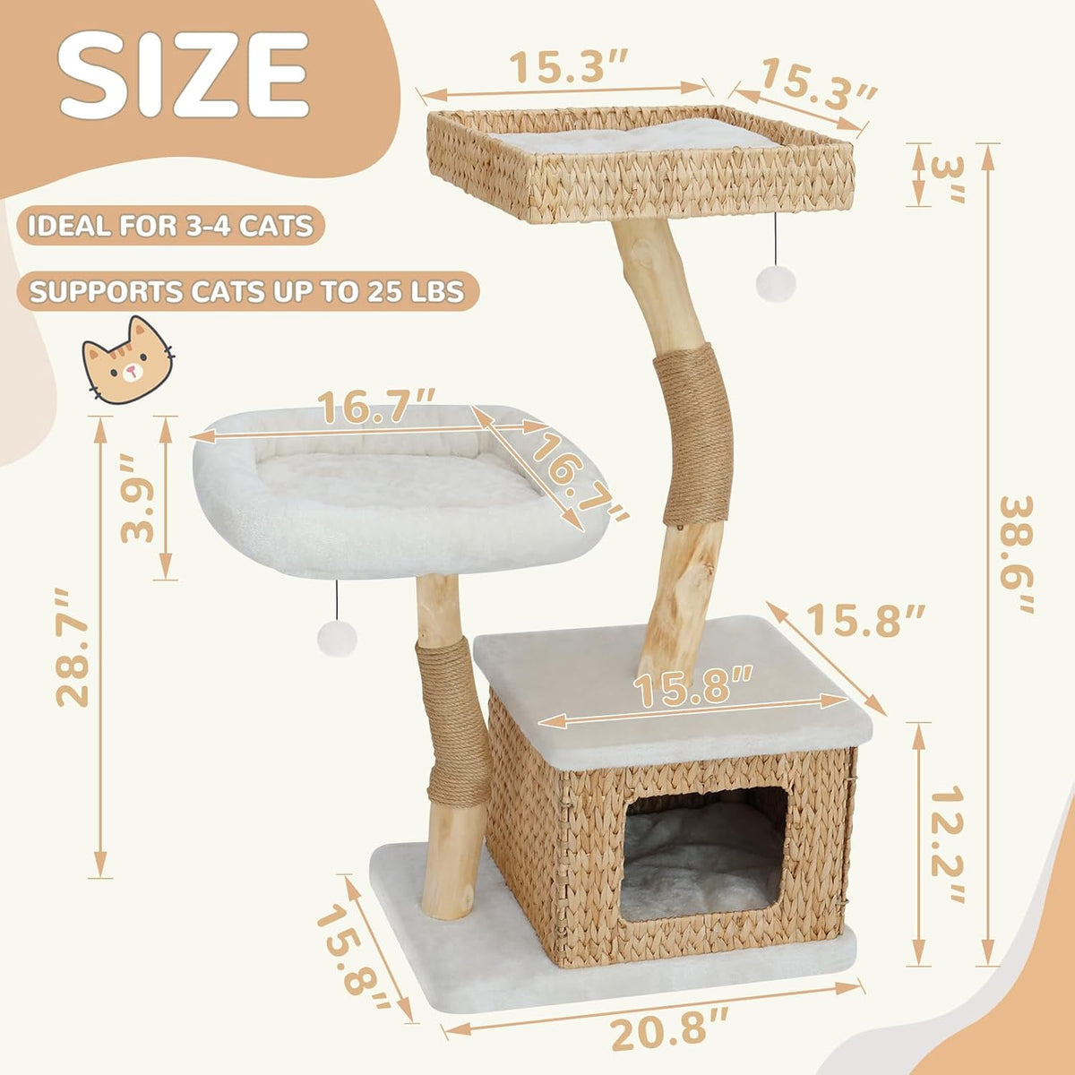 39” Modern Cat Tree Tower for Indoor Cats - Multi-Level Solid Wood Cat Condo w/Caves, 2 Large Perches, Scratching Posts, Hanging Toy for Large Cats Adult - Luxury Boho Pet Furniture