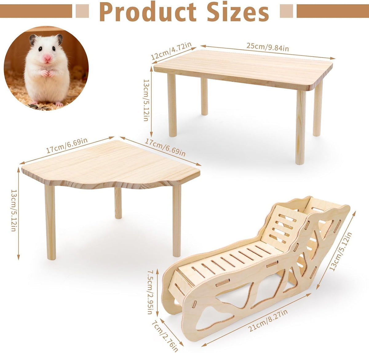 3 Sets Wooden Hamster Platform for Cage Accessories Natural Wood Climbing Toy Hideout, Expandable Habitat Decor for Dwarf Syrian Hamsters, Gerbils, Mice, Degus Sturdy Chew-Safe