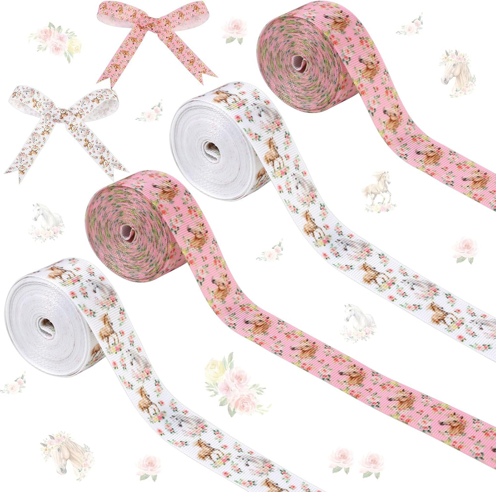 4 Rolls Floral Horse Theme Ribbons, 20 Yards Craft Ribbons for Wreath Hair Bow Wrapping Gifts Packing, Western Grosgrain Ribbons Birthday Wedding Gender Reveal Party Home Accessory Decor