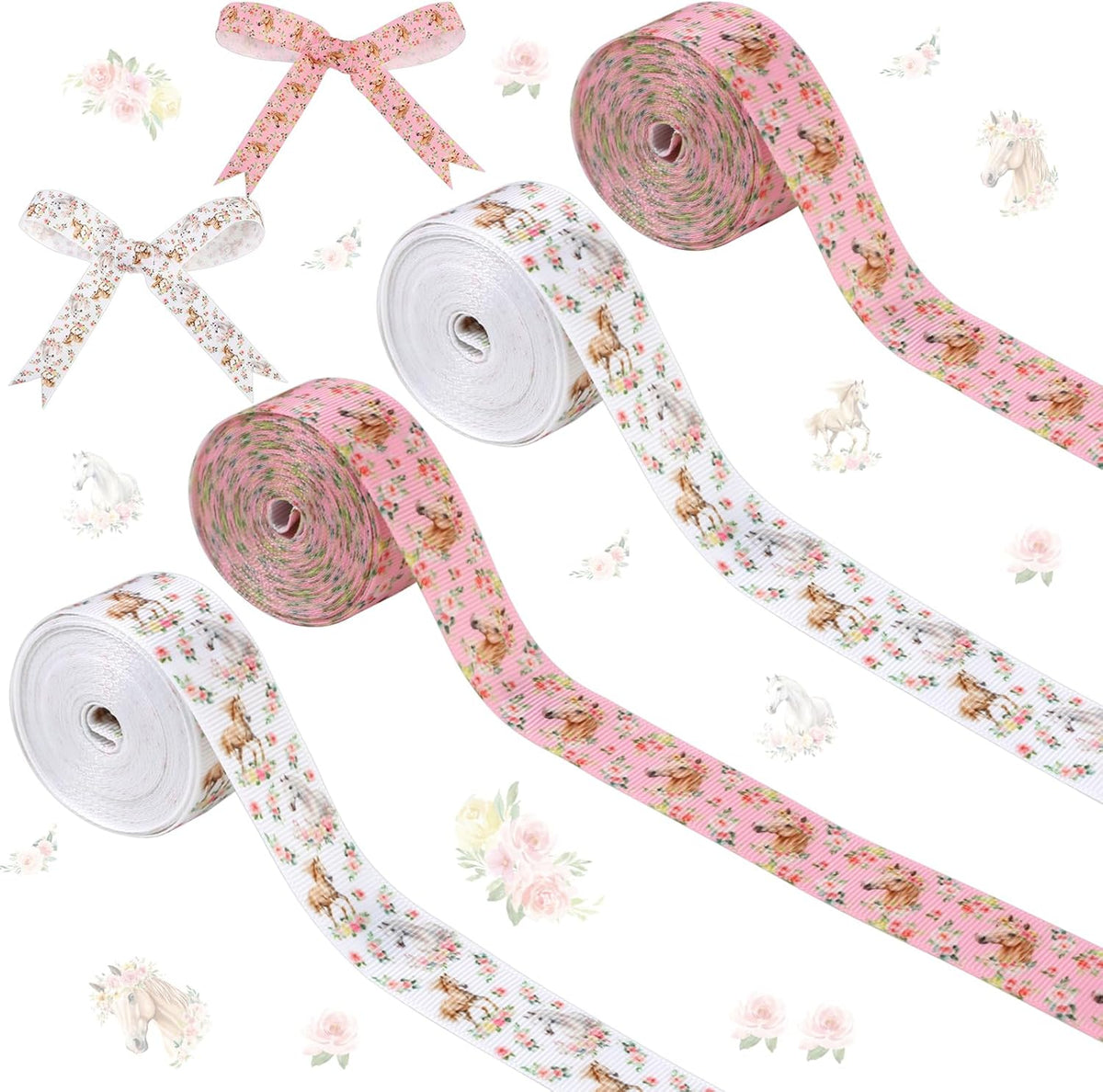 4 Rolls Floral Horse Theme Ribbons, 20 Yards Craft Ribbons for Wreath Hair Bow Wrapping Gifts Packing, Western Grosgrain Ribbons Birthday Wedding Gender Reveal Party Home Accessory Decor