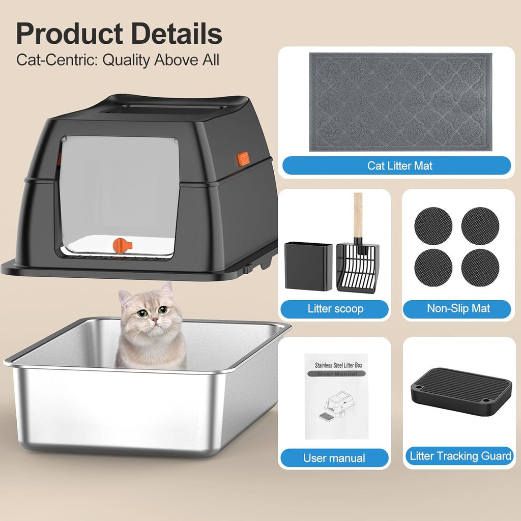Lobeve Extra Large Stainless Steel Litter Box with Lid, Easy-Clean Pan