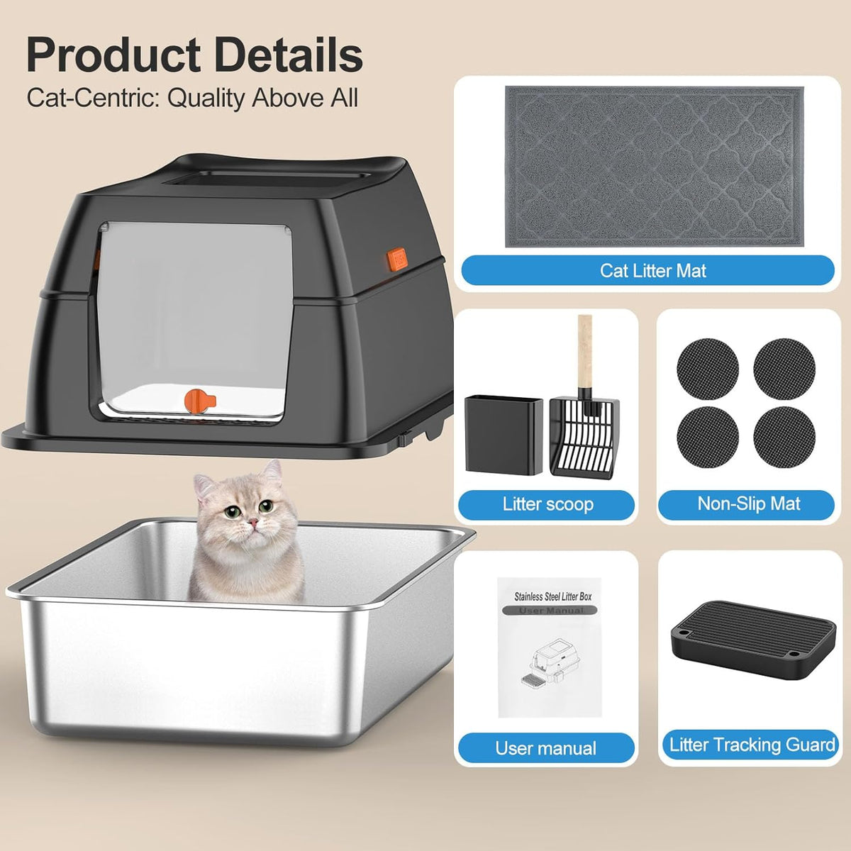 Lobeve Extra Large Stainless Steel Litter Box with Lid, Easy-Clean Pan