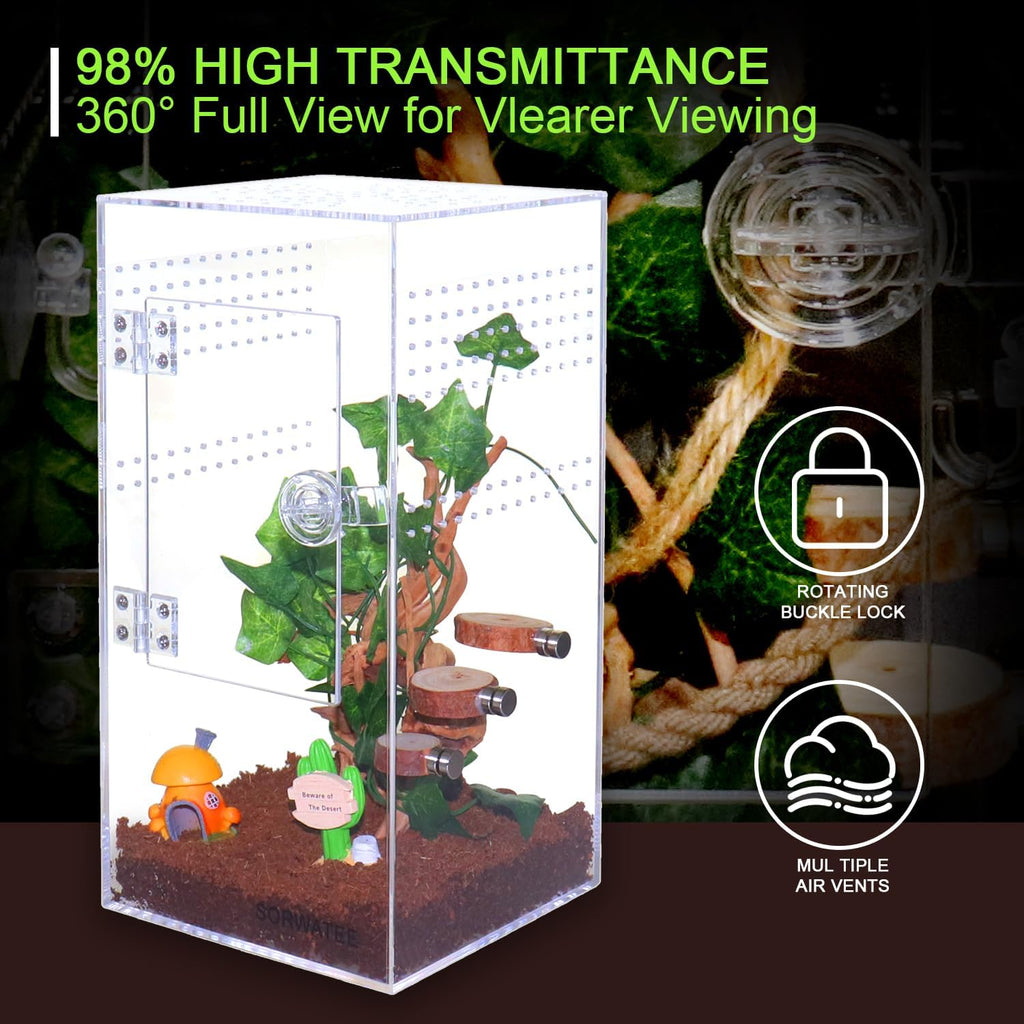 Jumping Spider Enclosure Acrylic Jumping Spider Terrarium with Front Opening Door, Micro Habitat Terrarium for Small Tree Dwelling Reptiles, Arboreal Tarantula Enclosure (6X6X12 Inches)