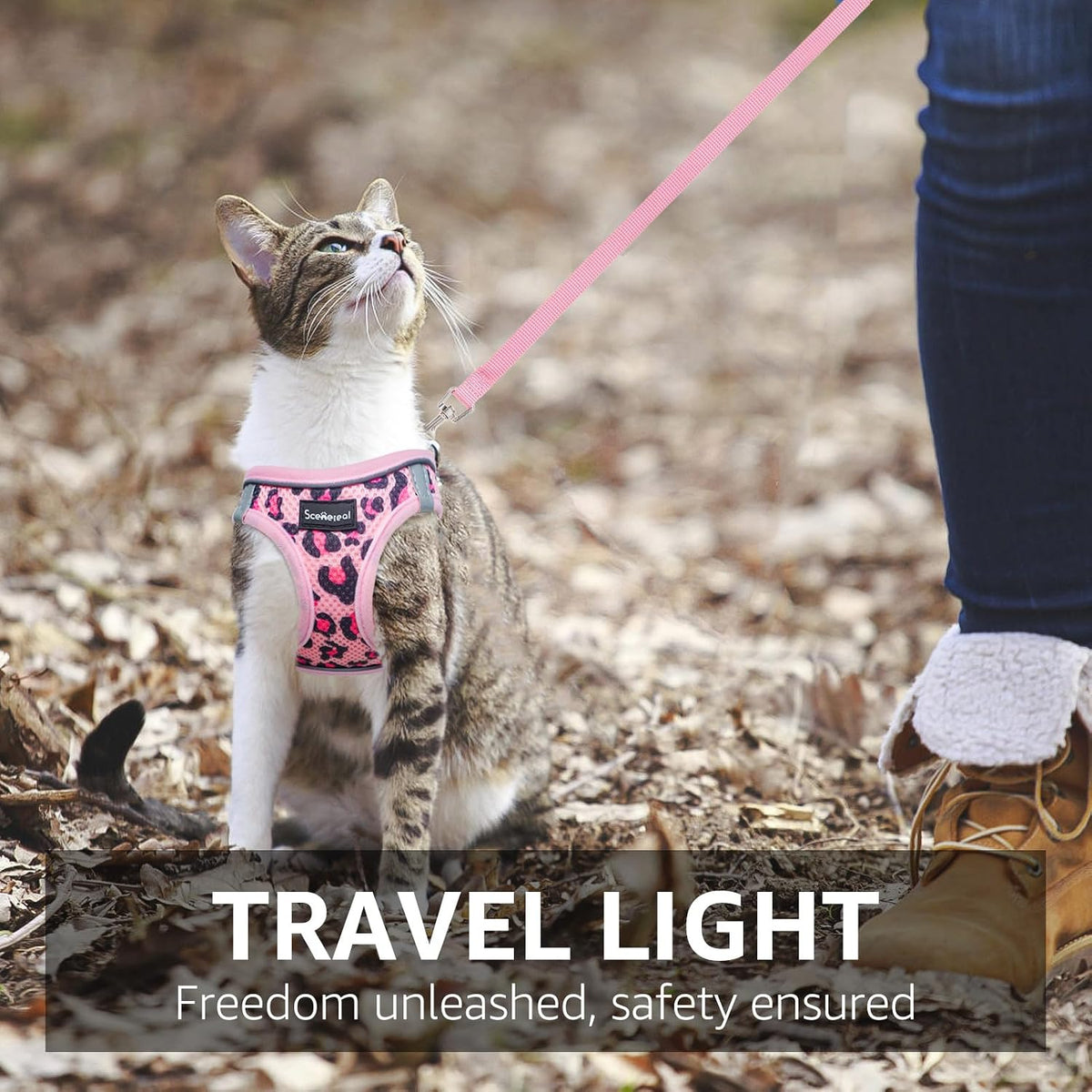 SCENEREAL Cat Harness & Leash Set Escape Proof - Adjustable Air Mesh Vest with Reflective Strips for Kittens, Puppies, Rabbits, Pink Leopard M